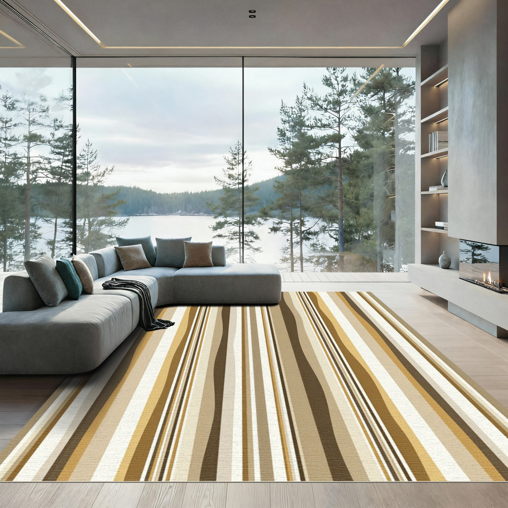 Brown Cream Wavy Vertical Bands Rug