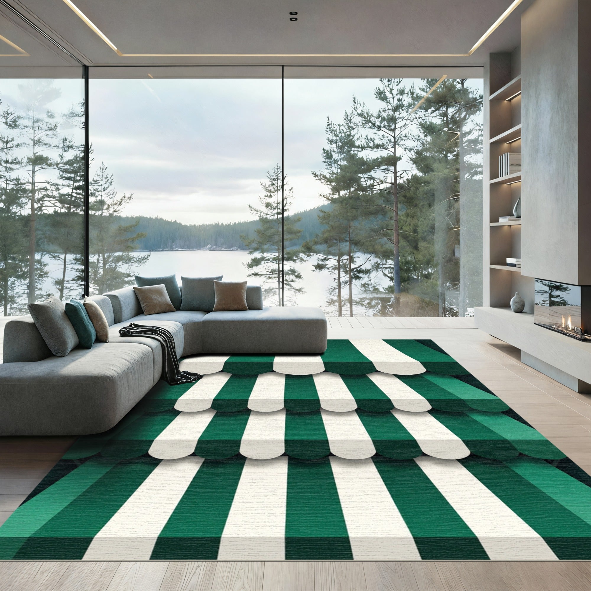 Forest Green Stripe Awning Layered Rug