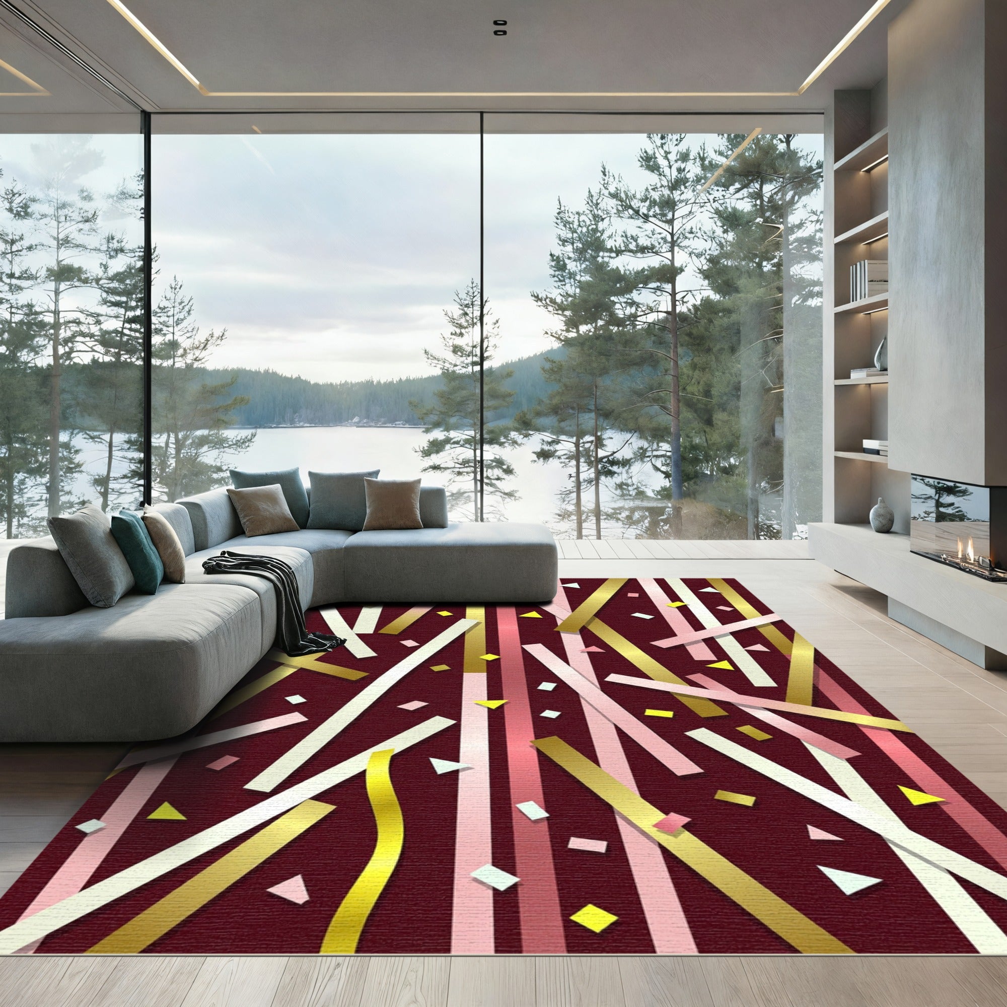 Gold Pink Confetti Streamer Abstract Rug