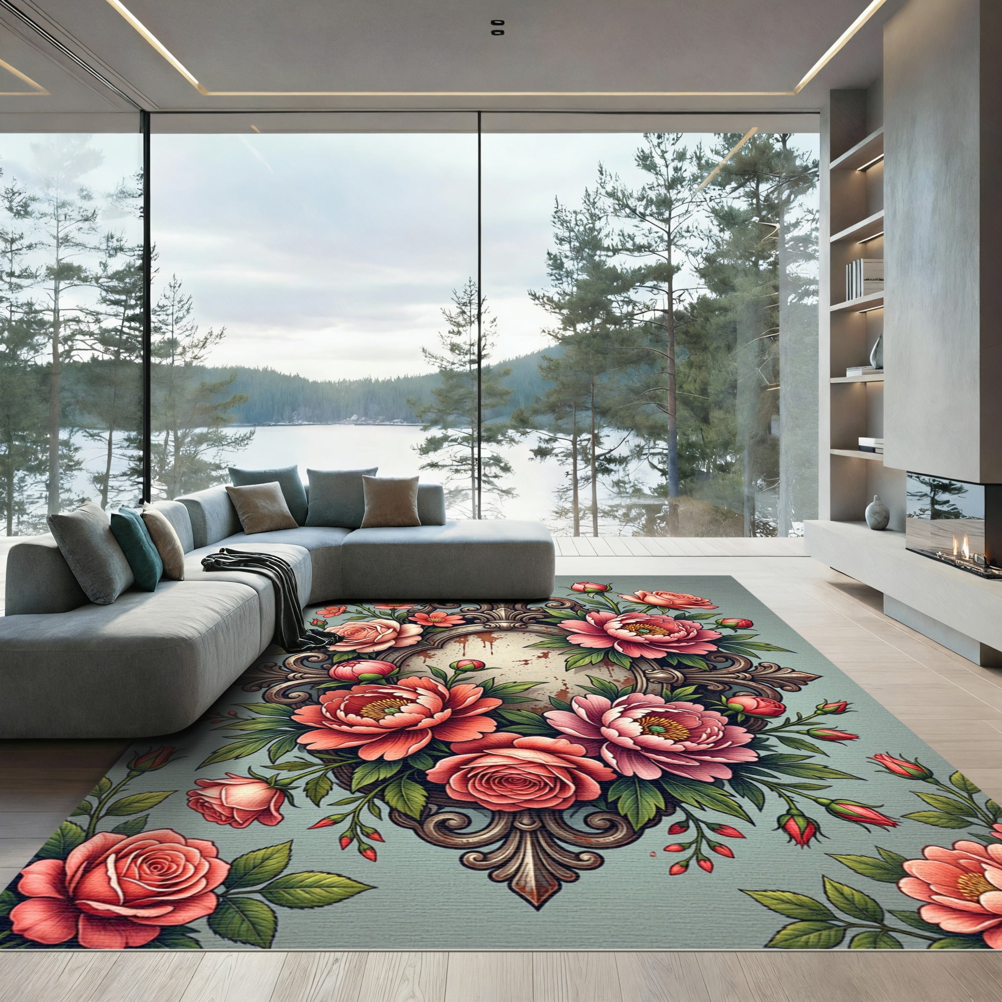 Ornate Pink Peony Rose Floral Cameo Rug