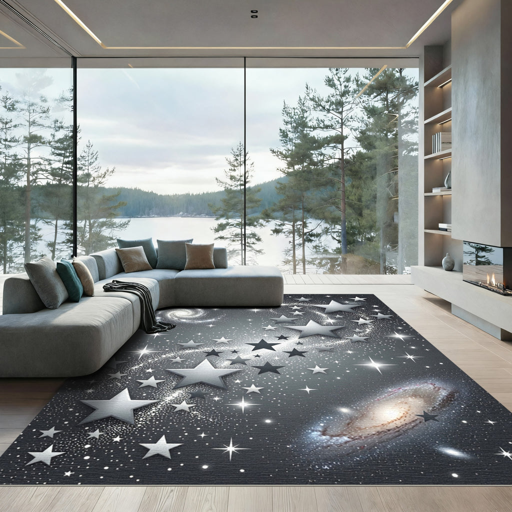 Cosmic Silver Star Spiral Galaxy Rug