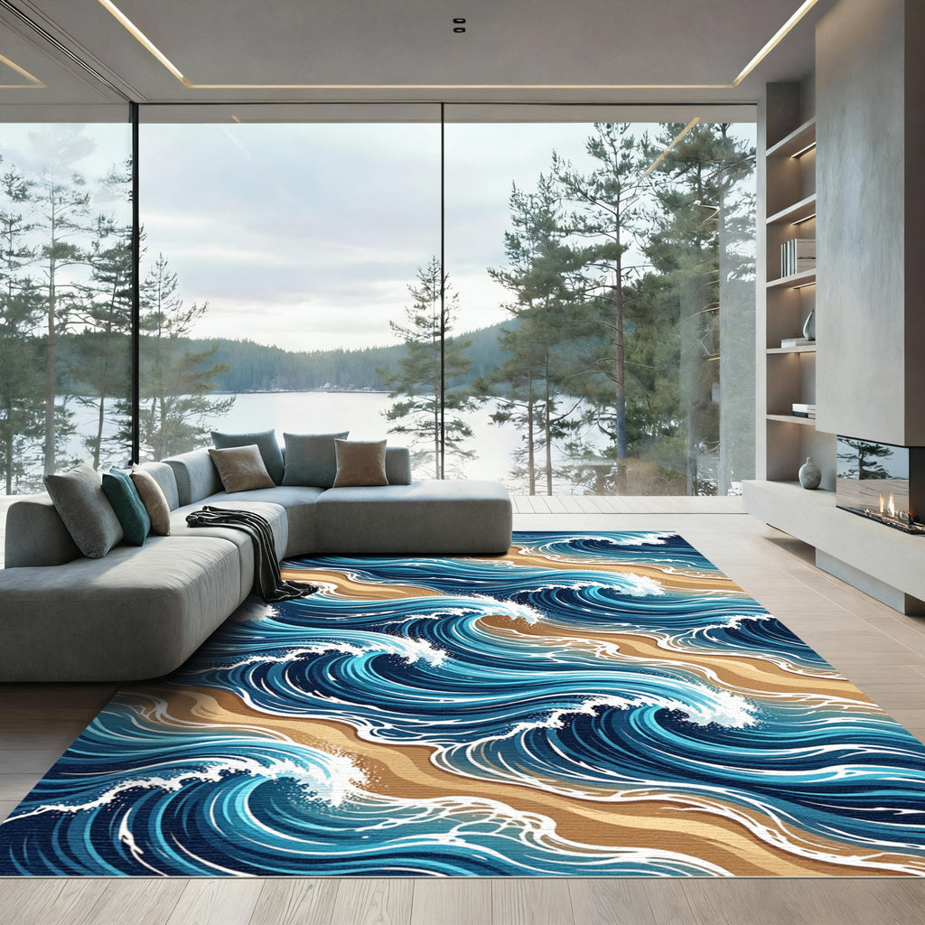 Ethereal Blue Ocean Tide Swirls Rug