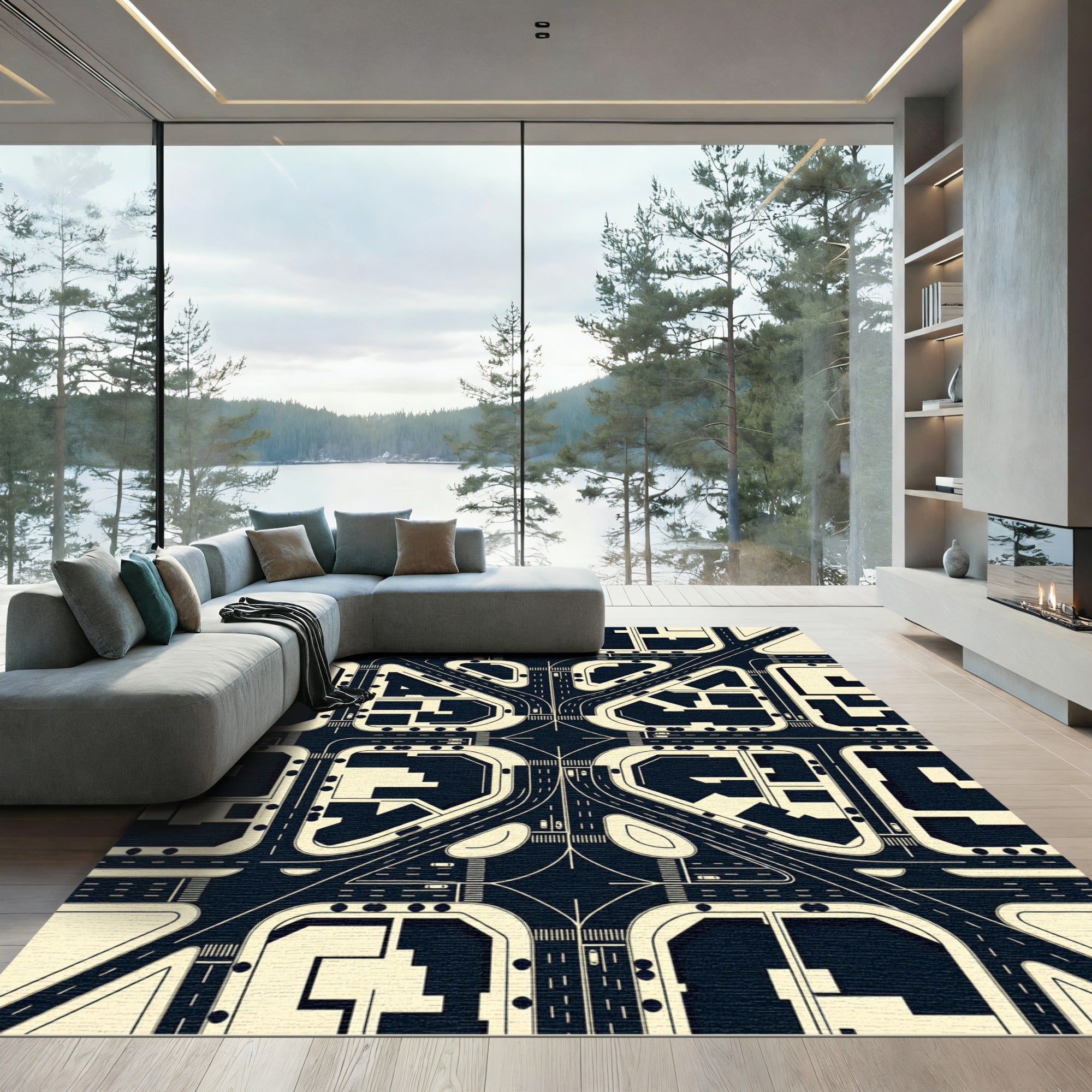 Modern Monochrome Urban Grid Map Rug