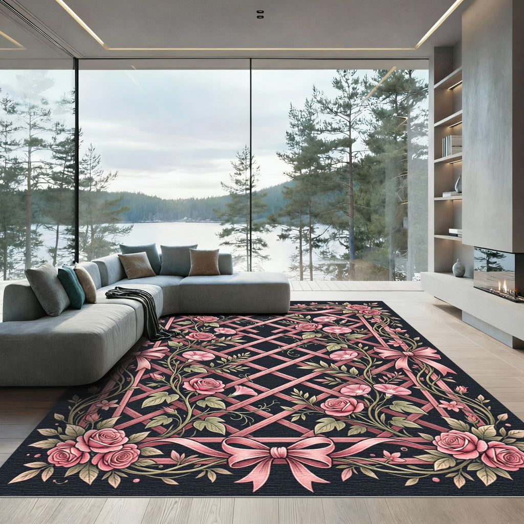 Pink Roses Lattice Bow Arrangement Rug