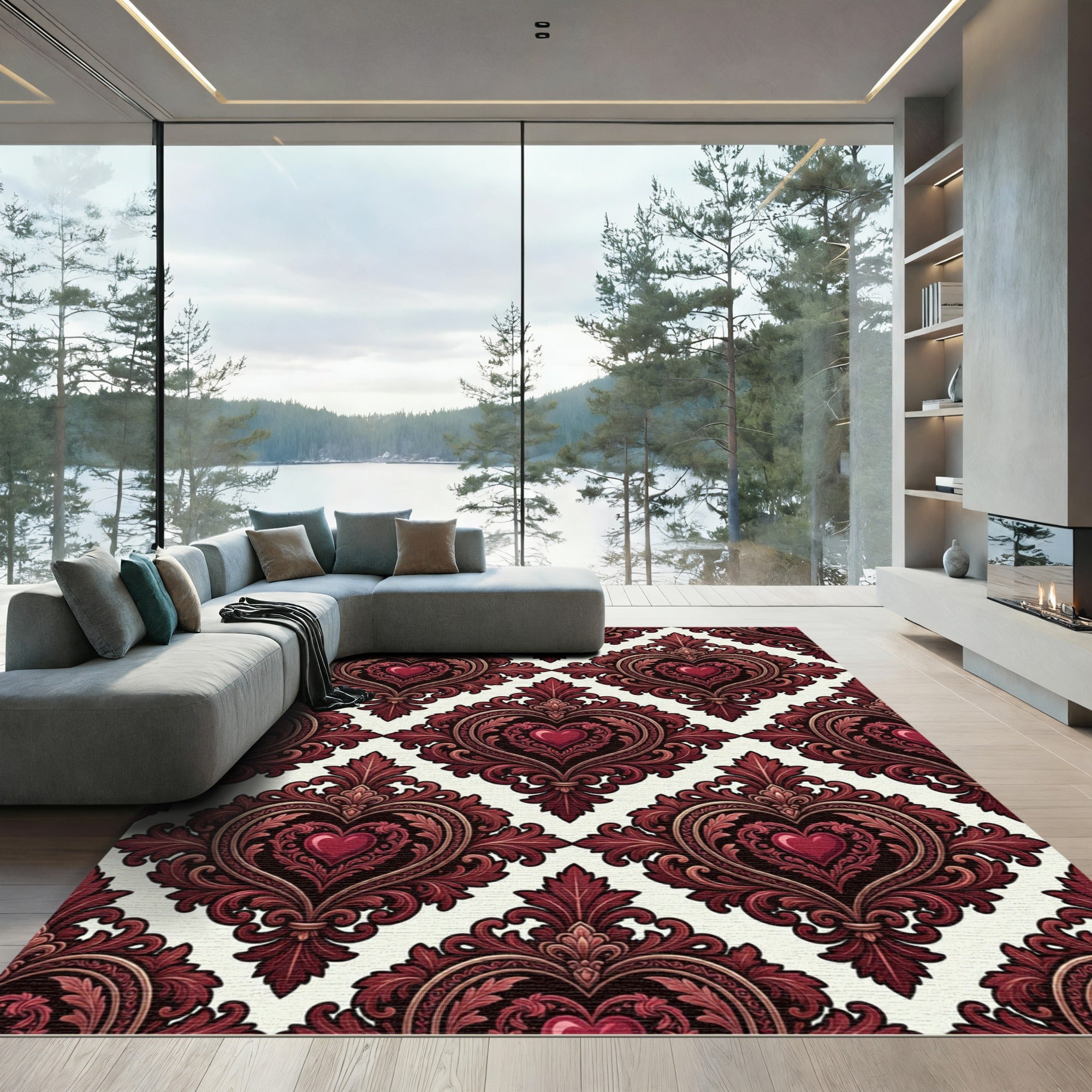 Gothic Crimson Heart Damask Rug
