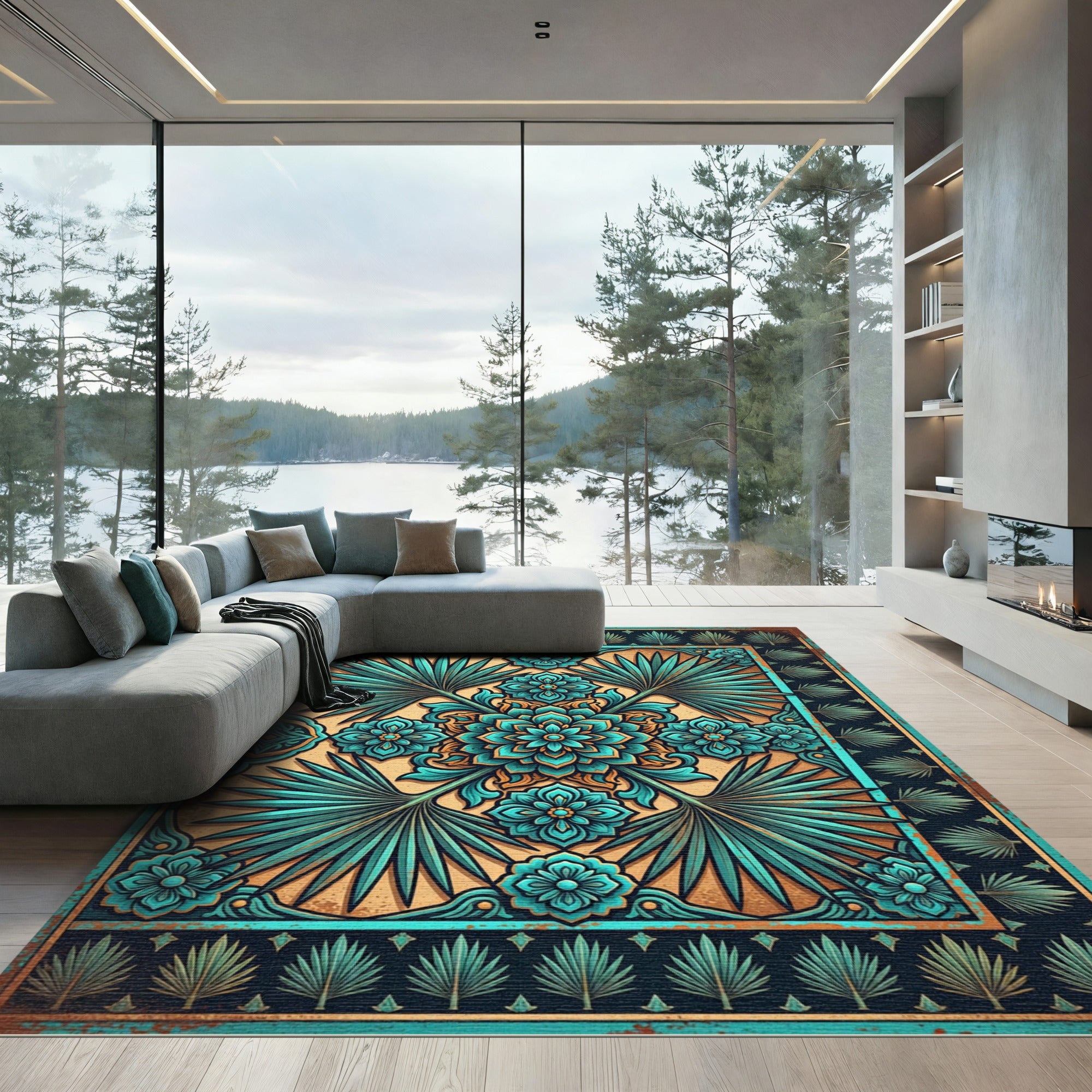 Tropical Teal Floral Medallion Art Rug