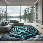 Glowing Azure Nebula Circular Labyrinth Rug