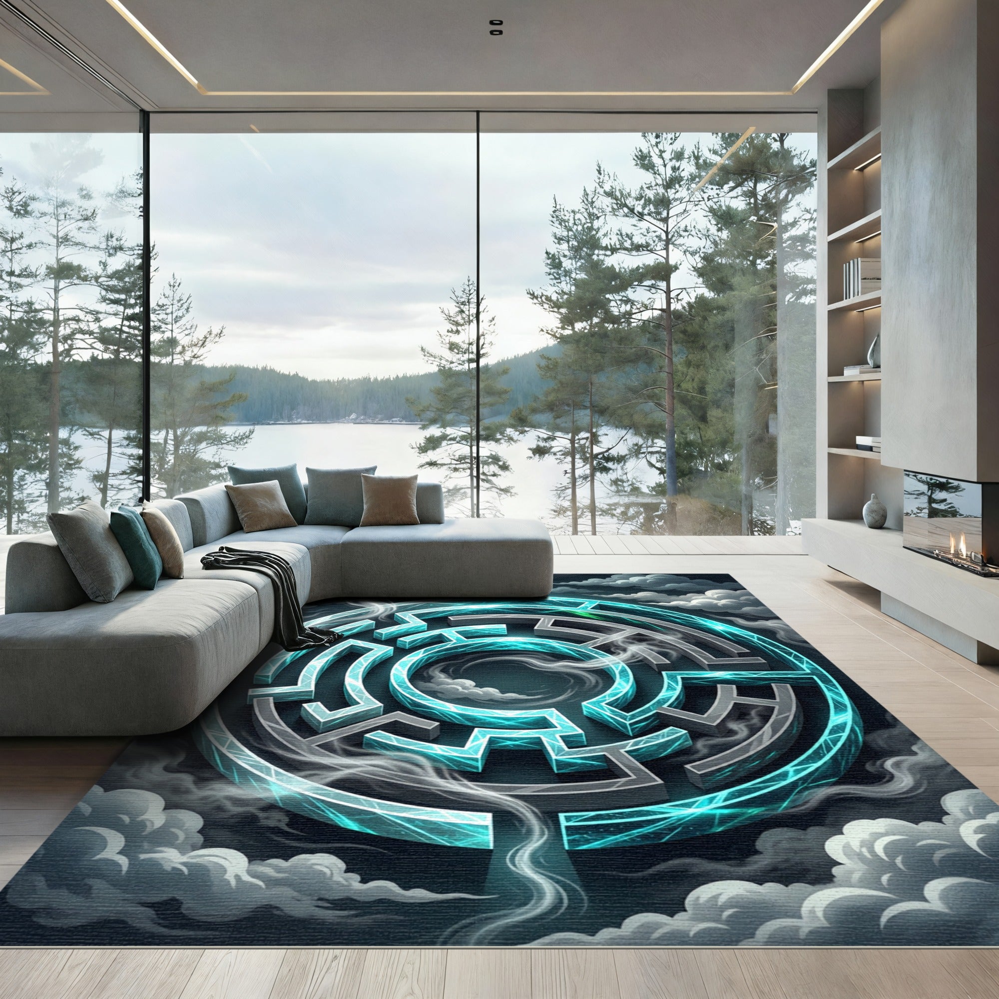 Glowing Azure Nebula Circular Labyrinth Rug