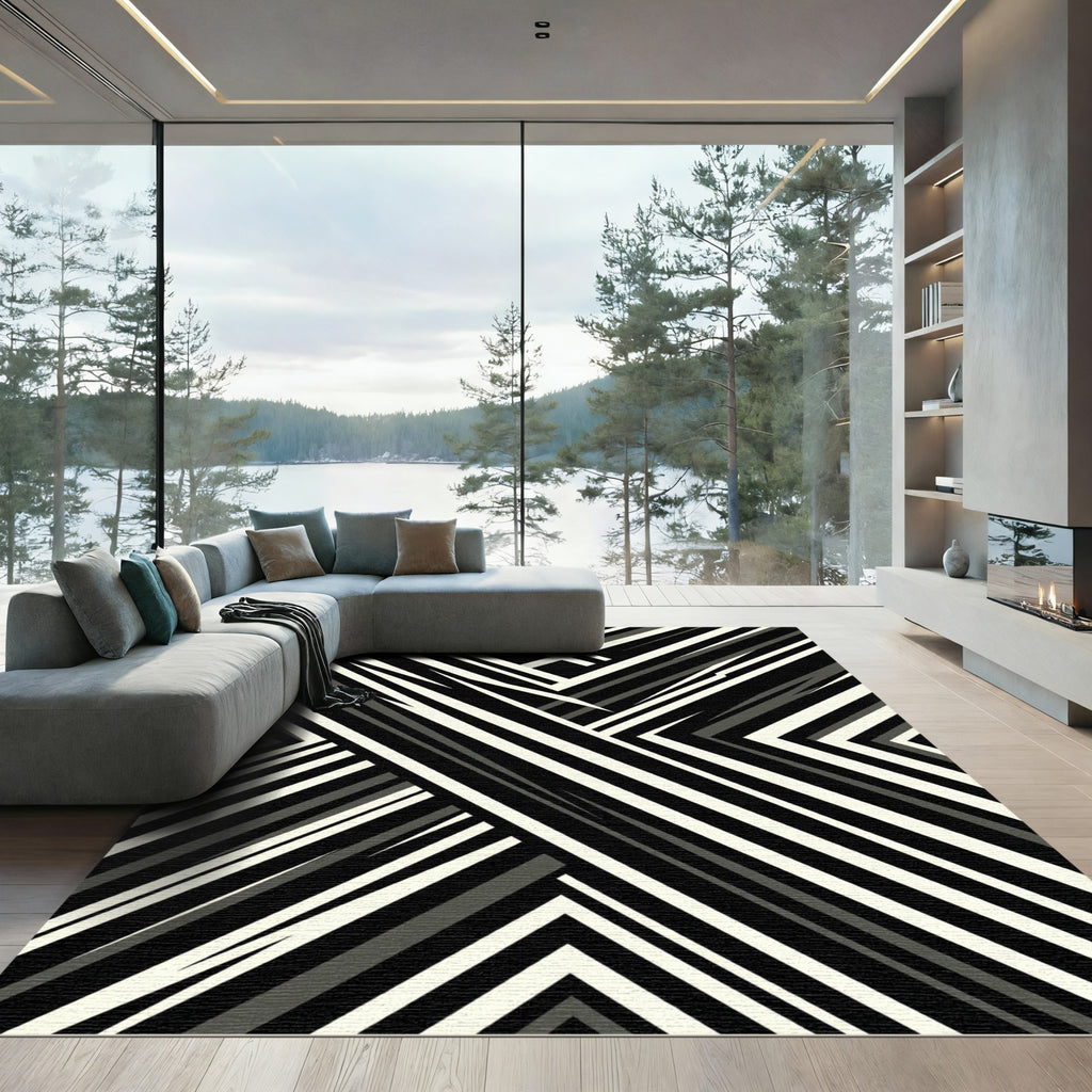 Monochrome Angular Graphic Striped Composition Rug