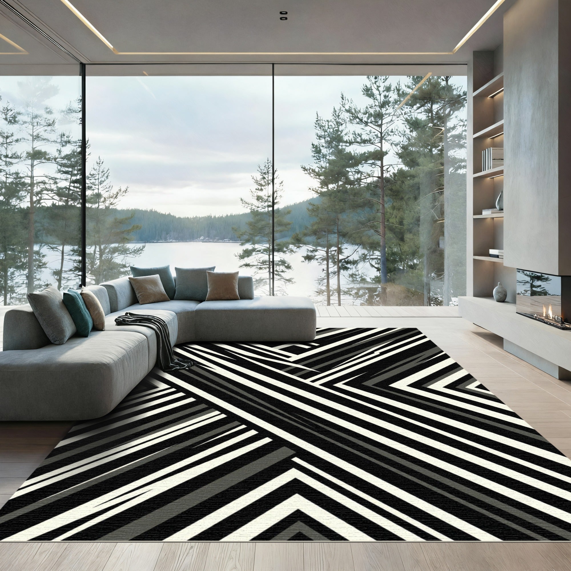 Monochrome Angular Graphic Striped Composition Rug