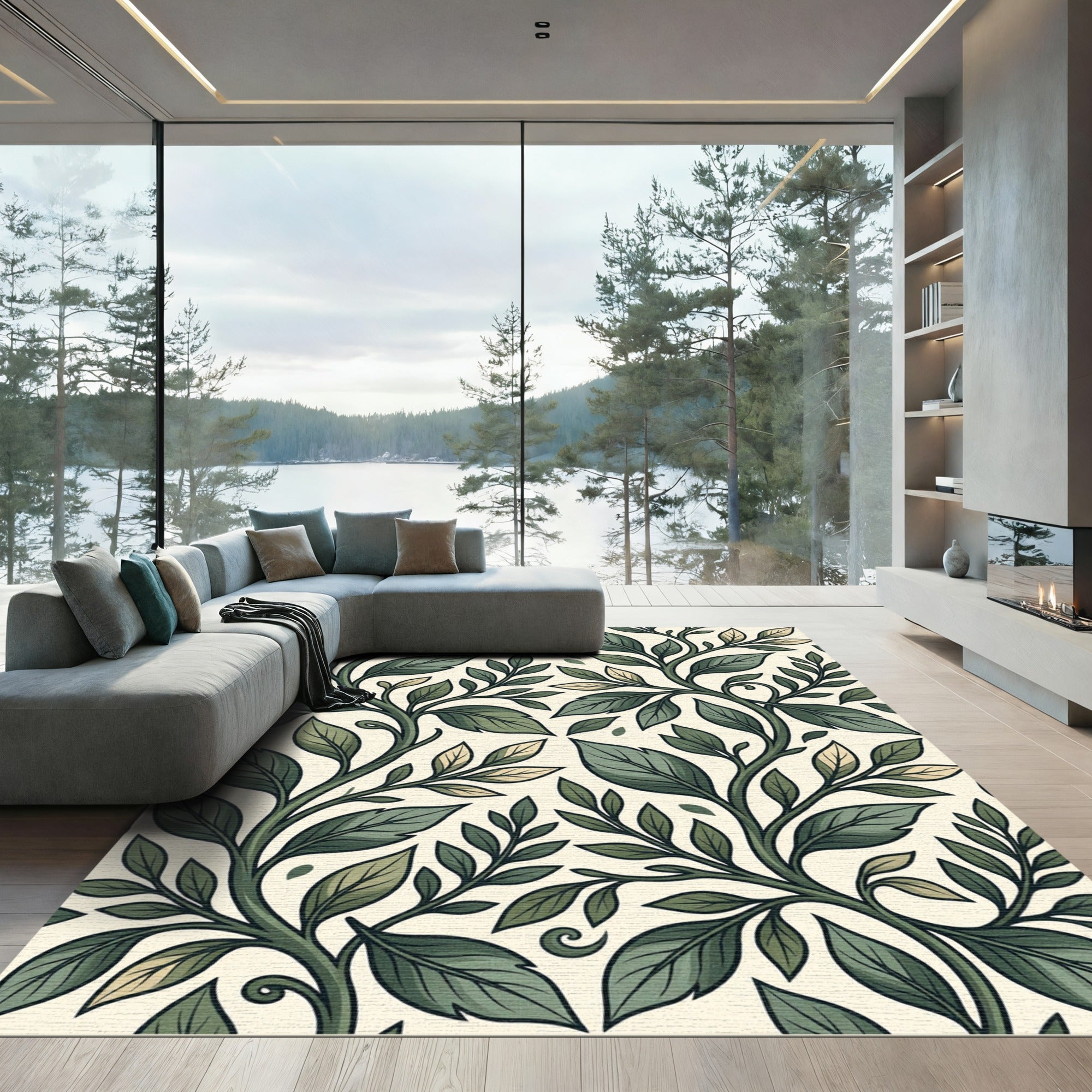 Lush Forest Green Botanical Leaf Vine Rug