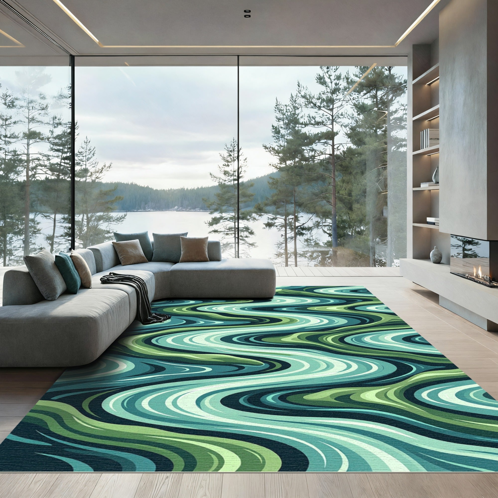Green Teal Wavy Landscape Flow Rug