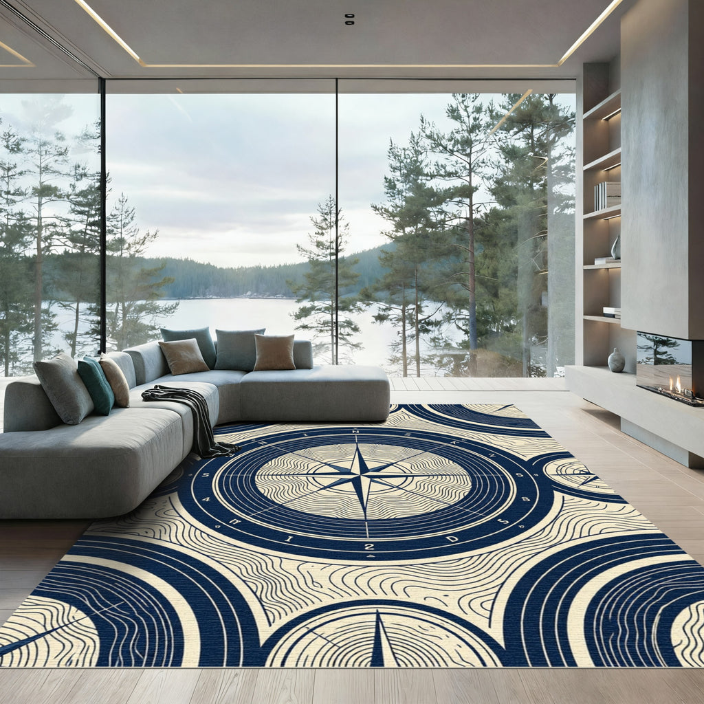 Navigational Compass Marine Blue Whirled Motif Rug