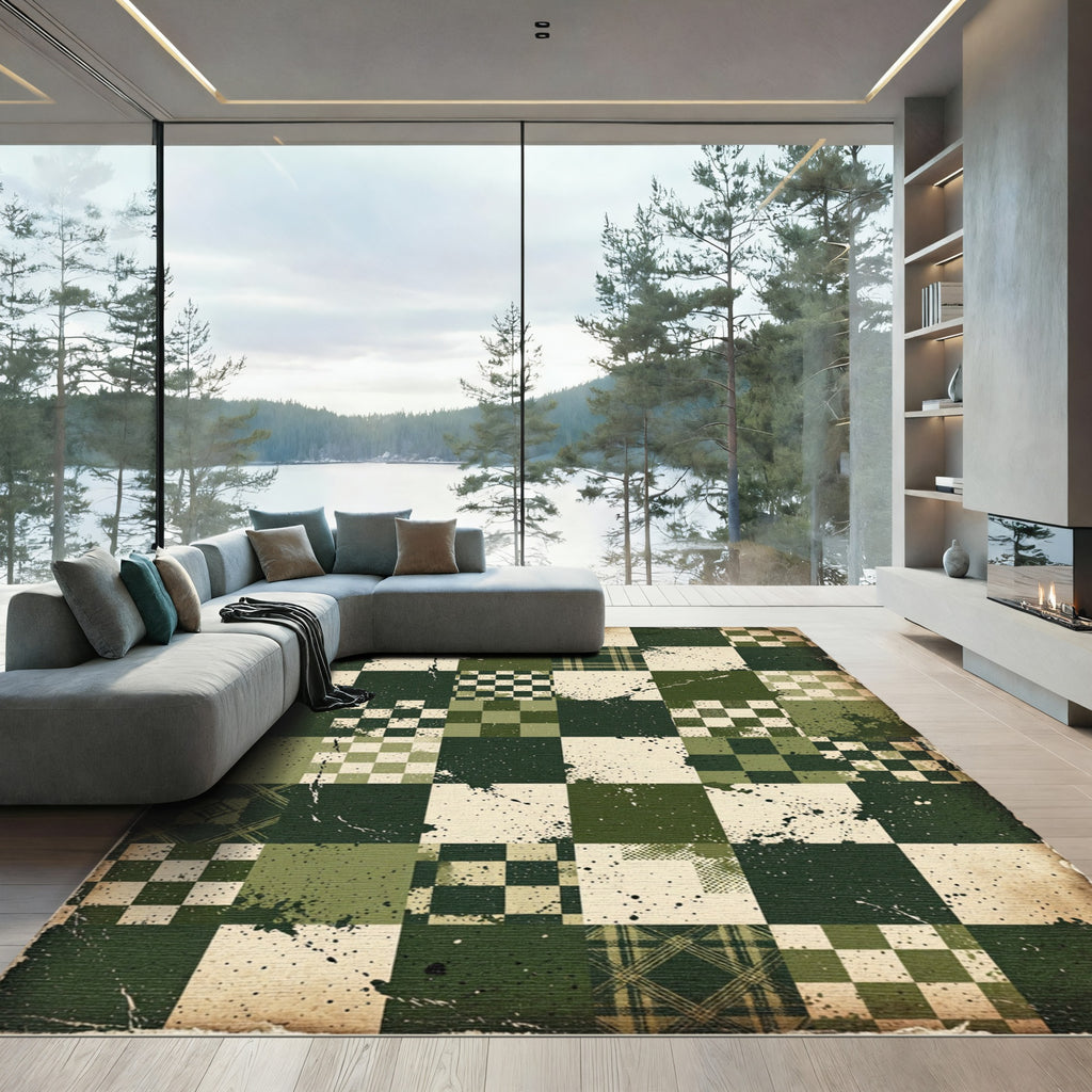 Distressed Sage Checkered Quilt Patchwork Rug