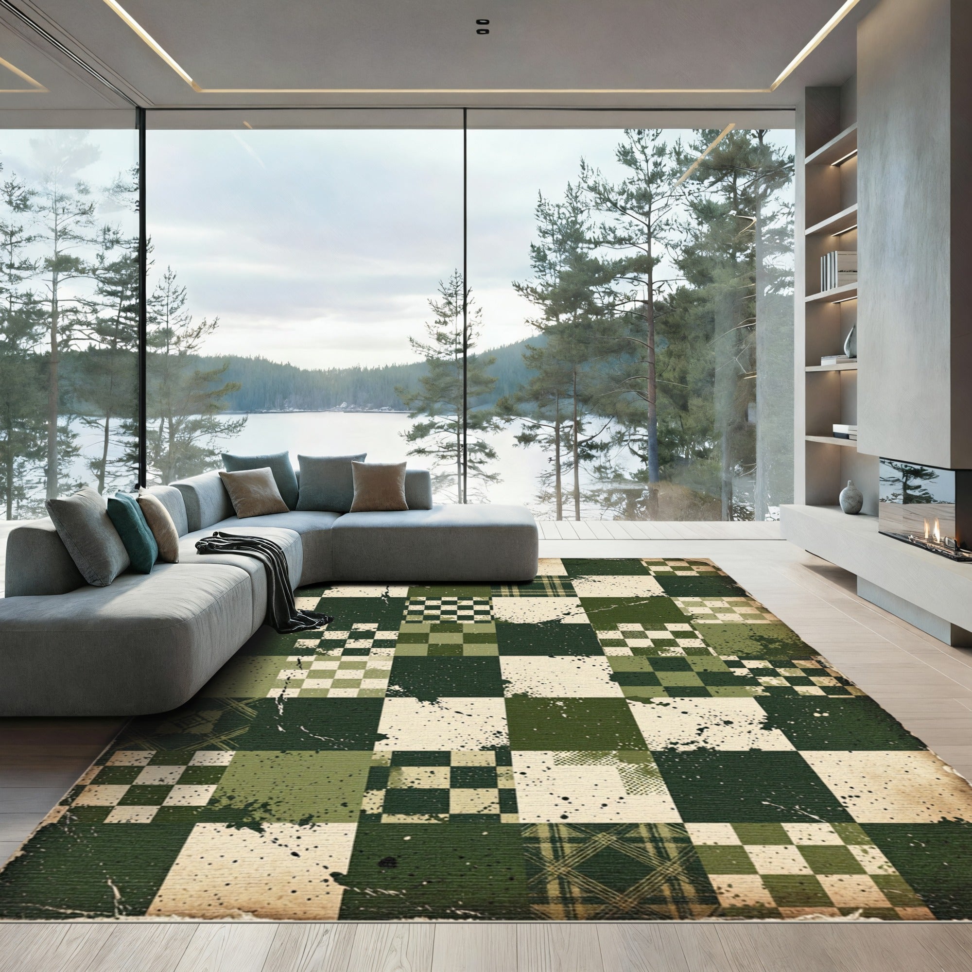 Distressed Sage Checkered Quilt Patchwork Rug