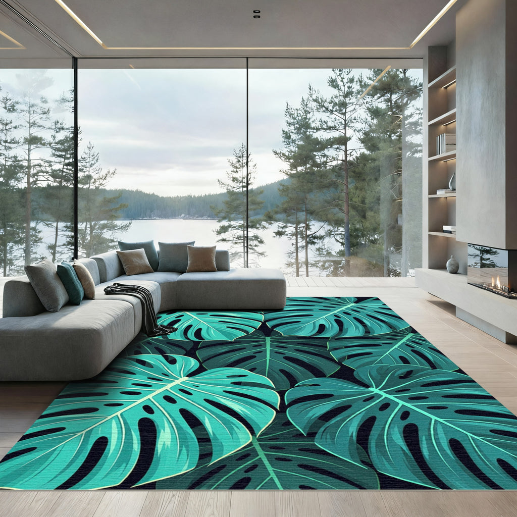 Lush Tropical Monstera Palm Leaf Rug