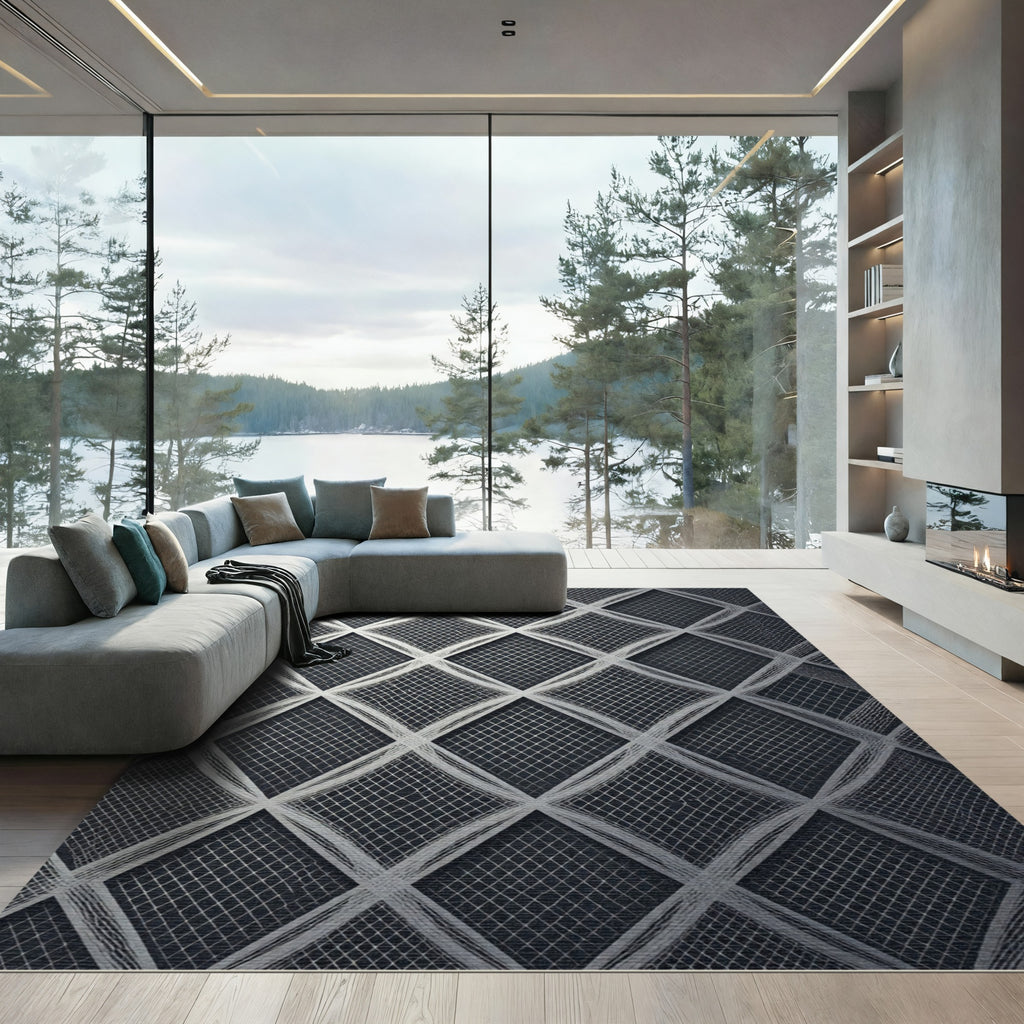 Sophisticated Silver Geometric Diamond Web Rug