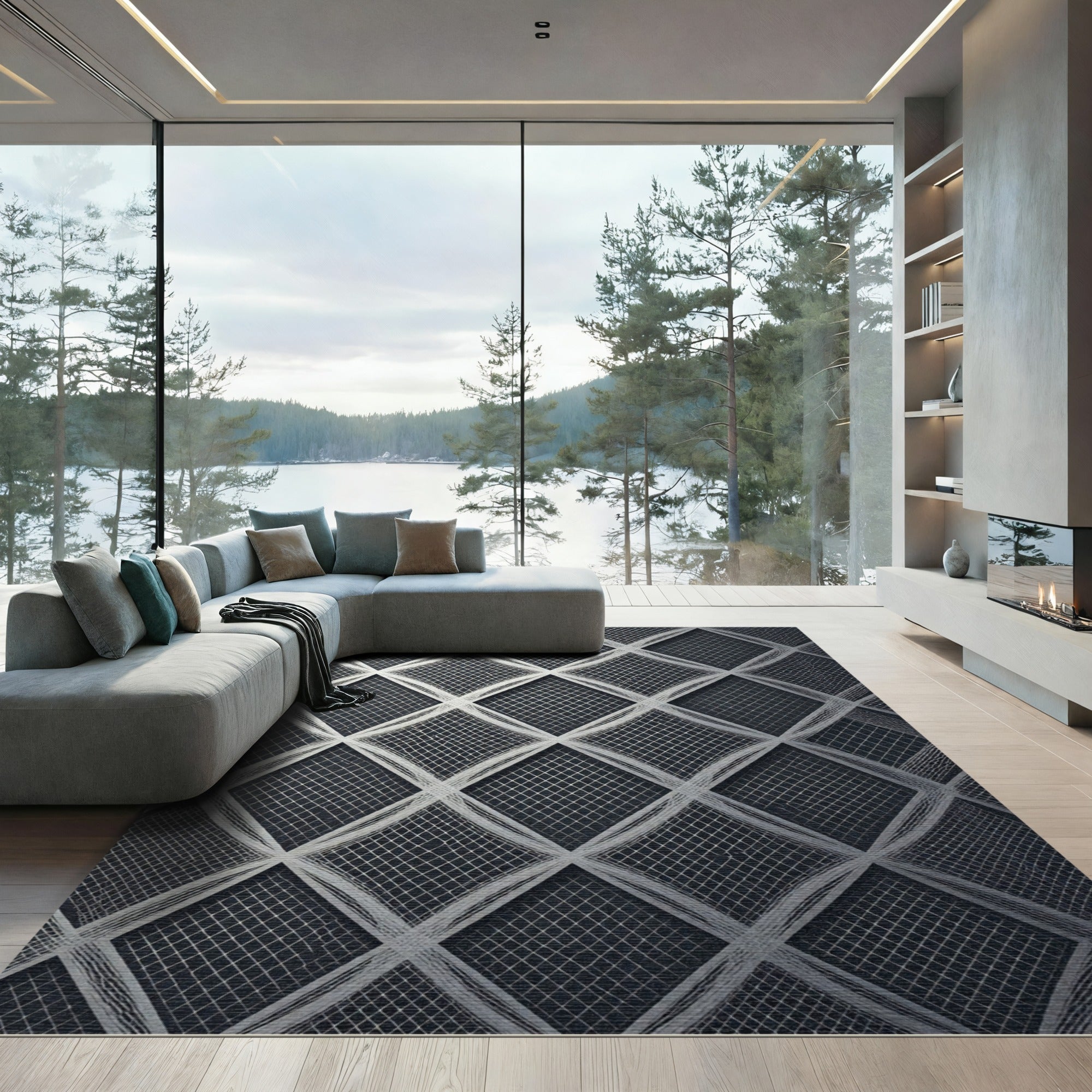 Sophisticated Silver Geometric Diamond Web Rug