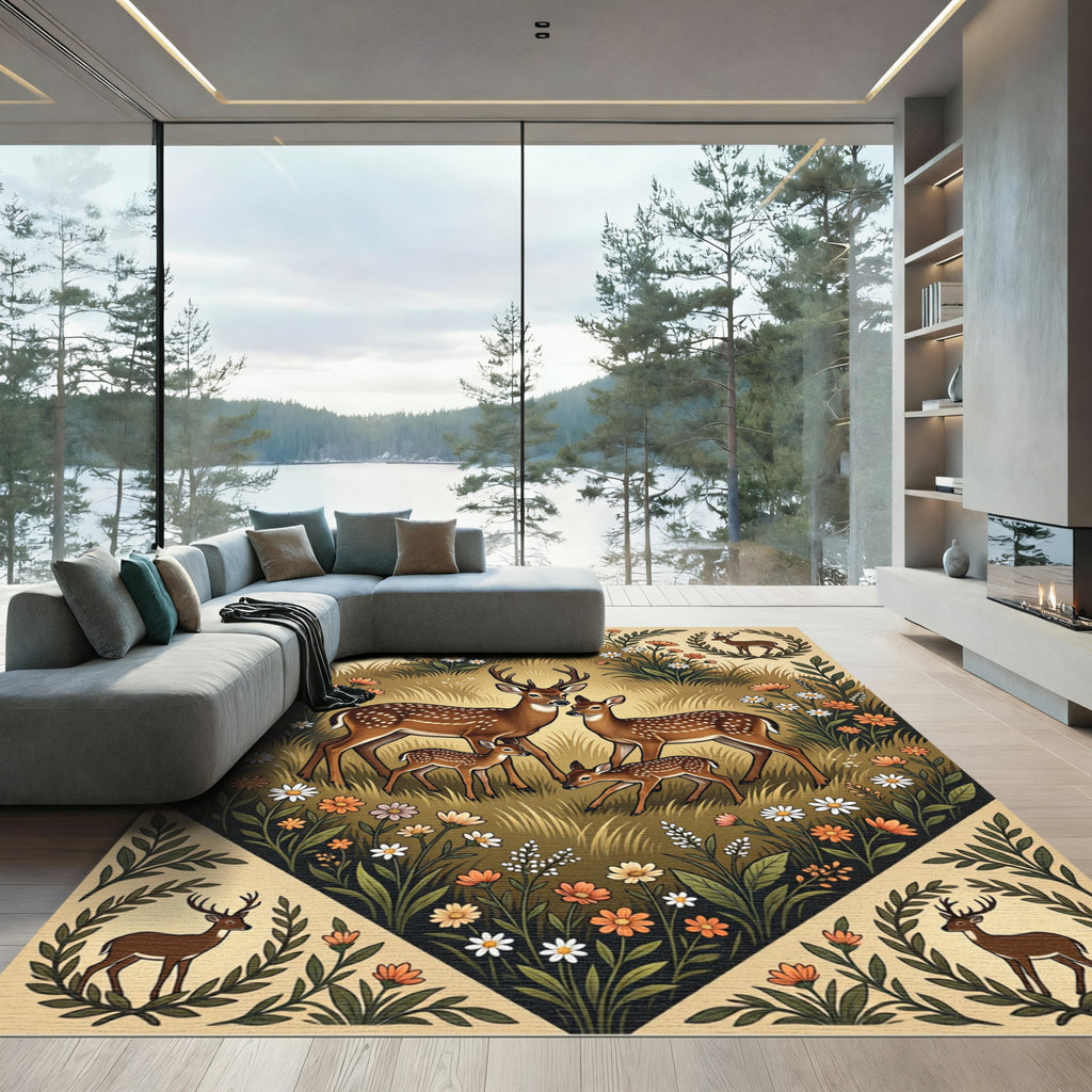 Whimsical Golden Fawn and Wildflower Meadow Rug