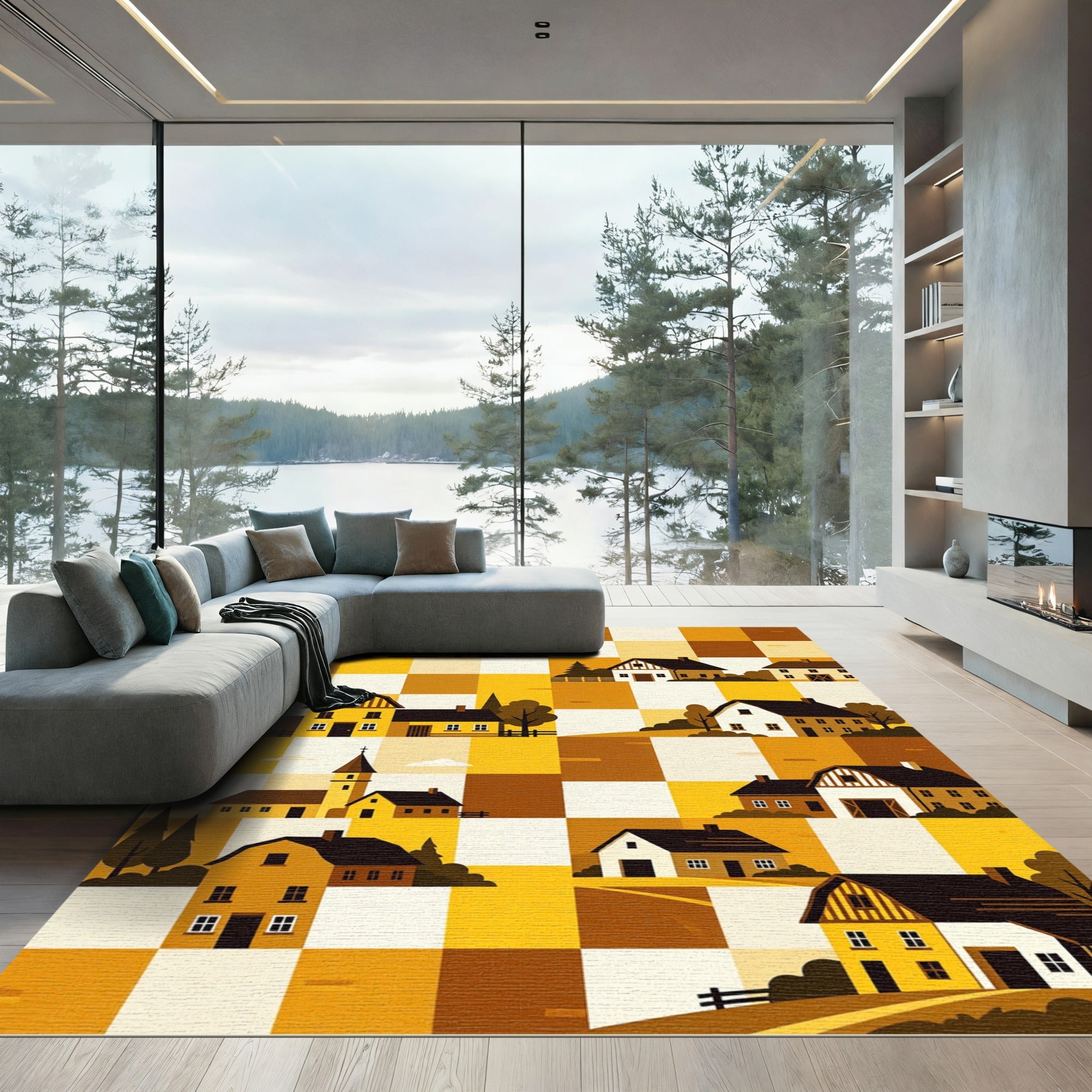 Golden Farmhouse Checkerboard Countryside Illustration Rug