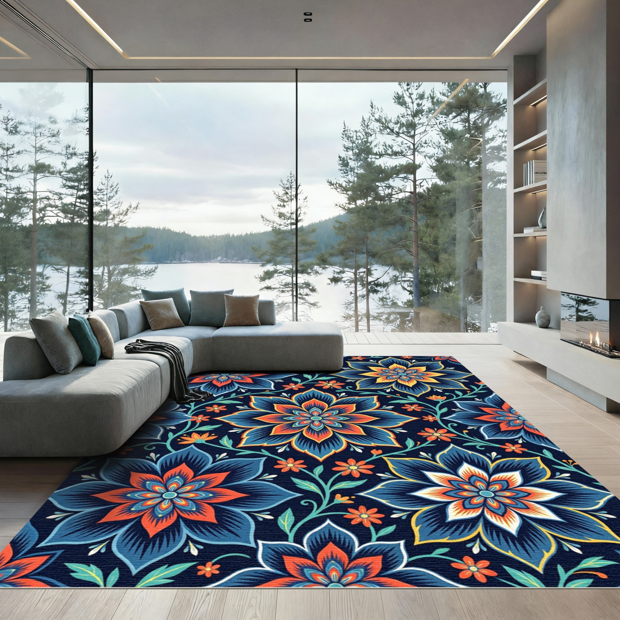 Midnight Floral Medallion with Orange Accents Rug