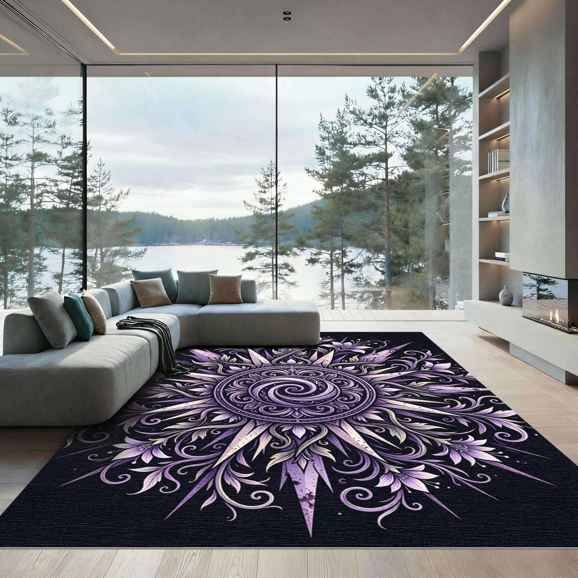 Ethereal Lavender Floral Starburst Mandala Rug
