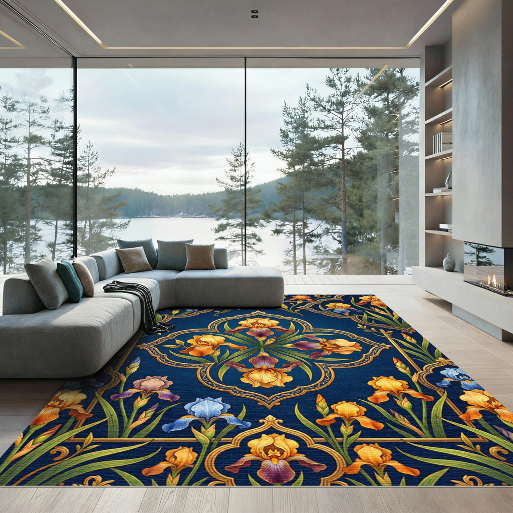 Ornate Iris Floral Navy Gold Rug