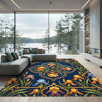 Ornate Iris Floral Navy Gold Rug