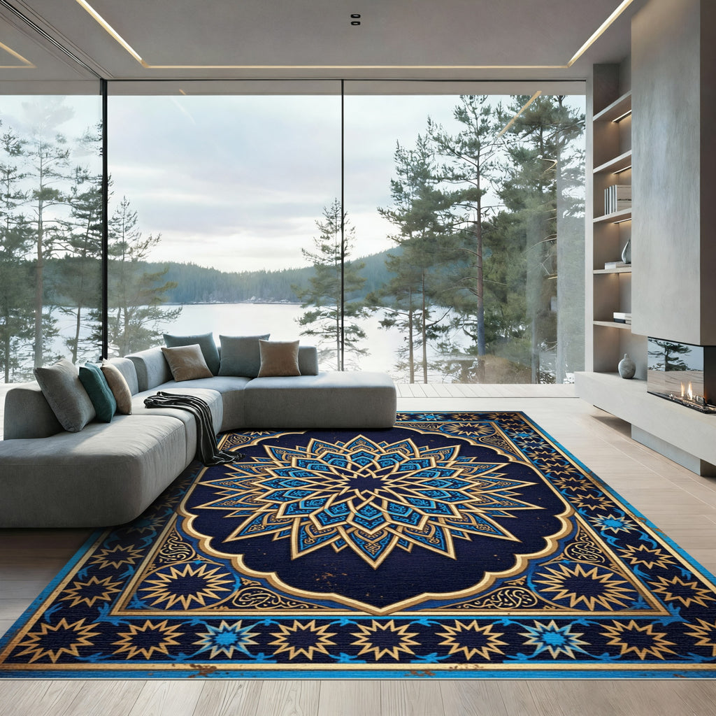 Ornate Celestial Blue Golden Geometric Mandala Rug