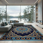 Ornate Celestial Blue Golden Geometric Mandala Rug