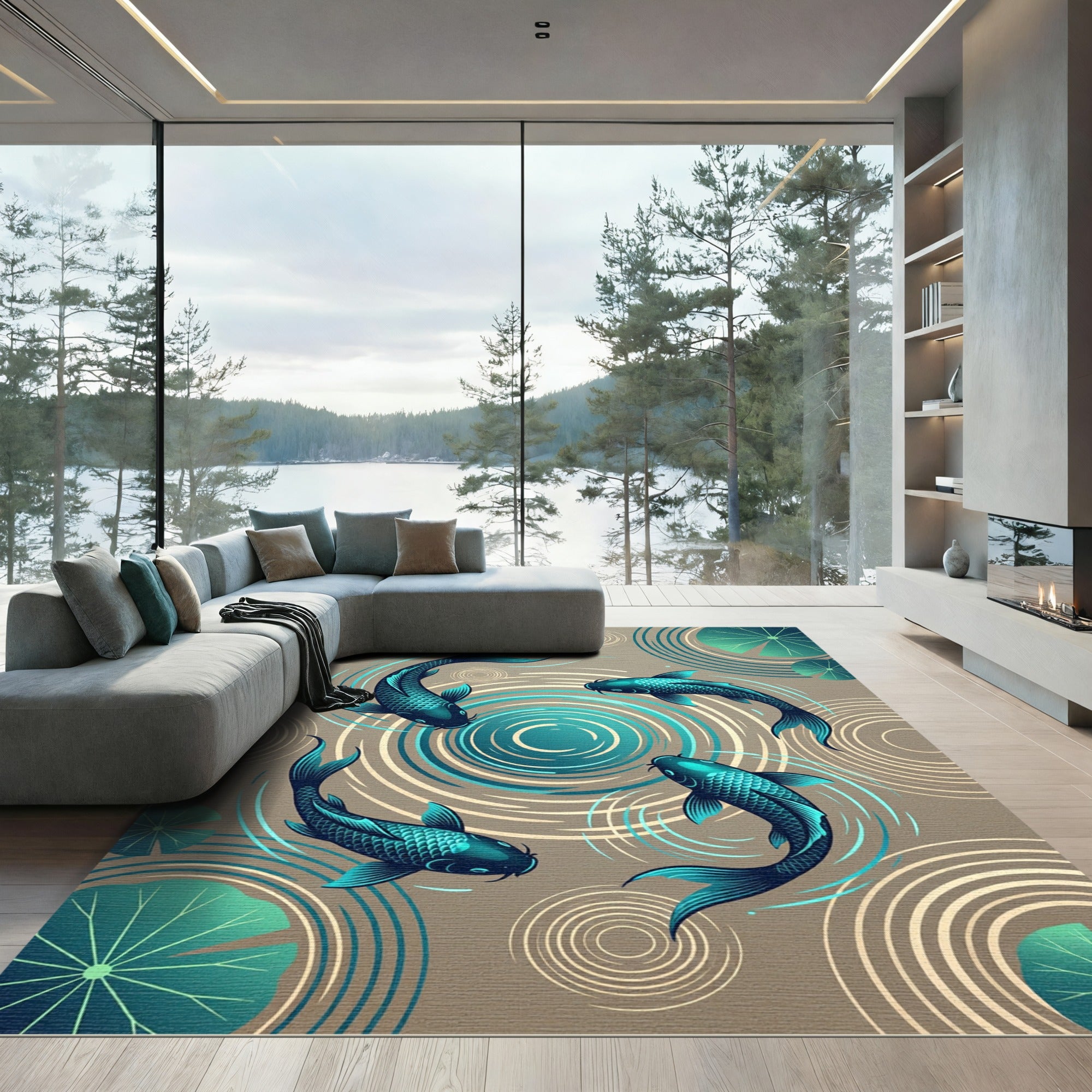 Zen Koi Pond Teal Circular Ripples Rug