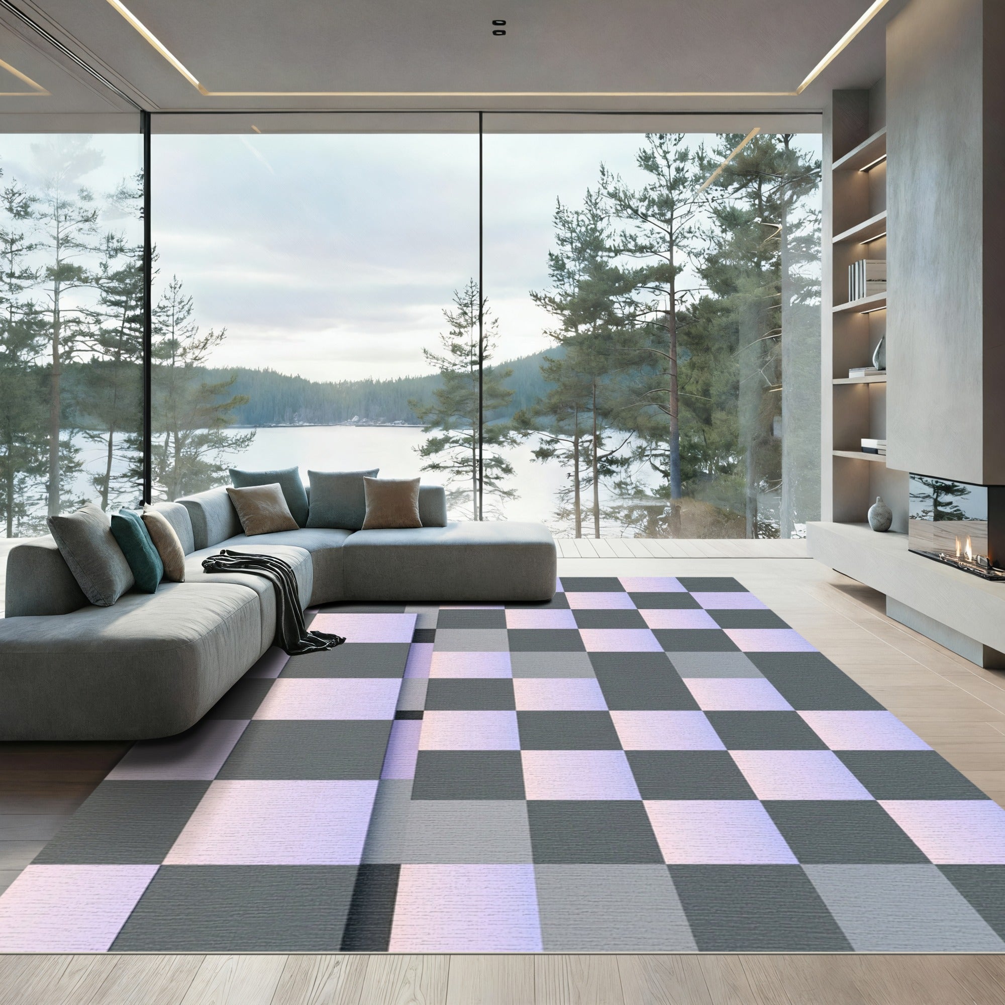 Gray Lavender Checkerboard Composition Rug
