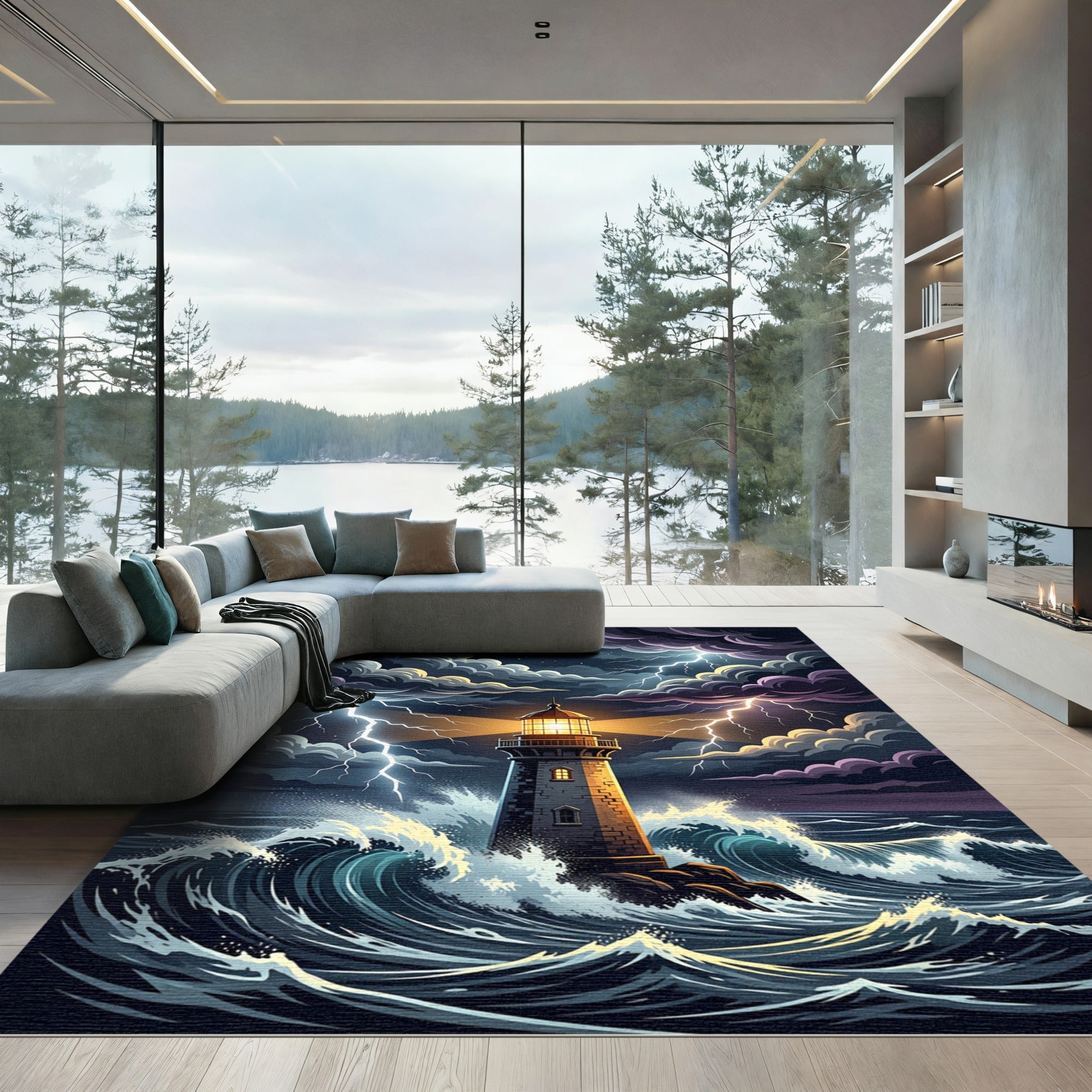 Stormy Lighthouse Ocean Lightning Scene Rug