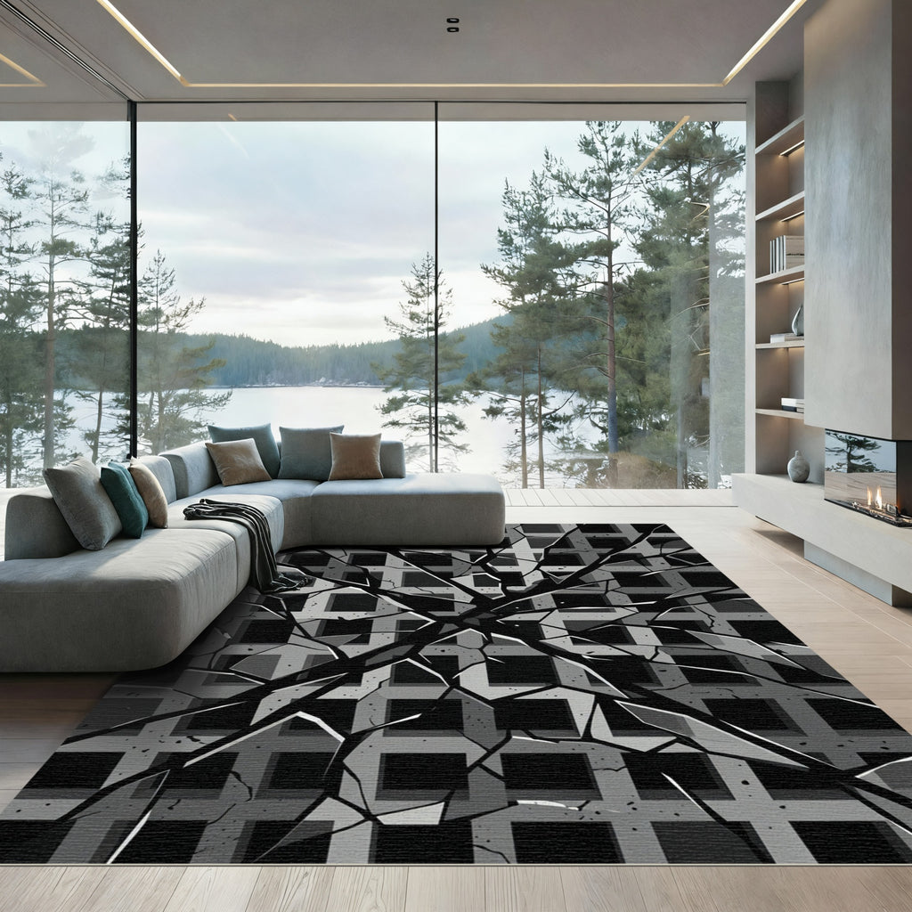 Monochromatic Abstract Shattered Geometric Grid Rug