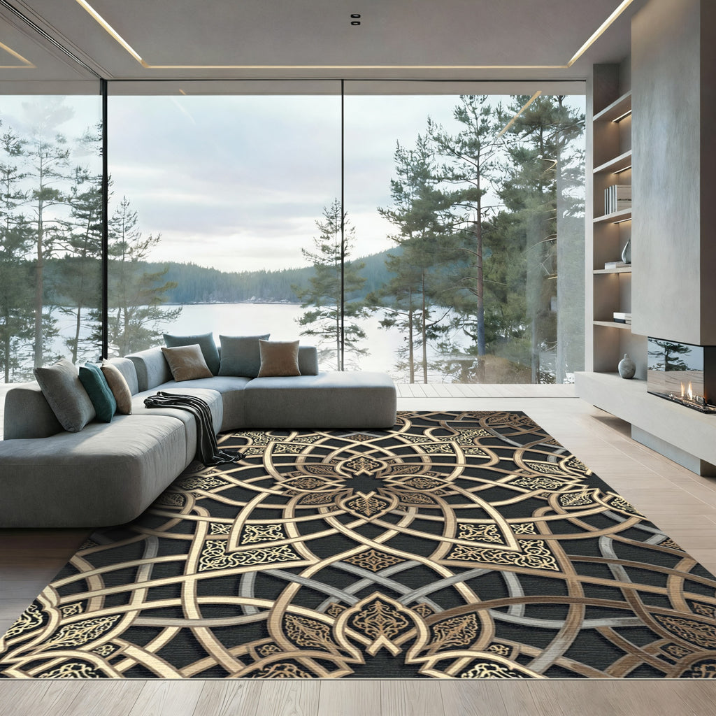 Elegant Gold Interlocking Geometric Lattice Rug