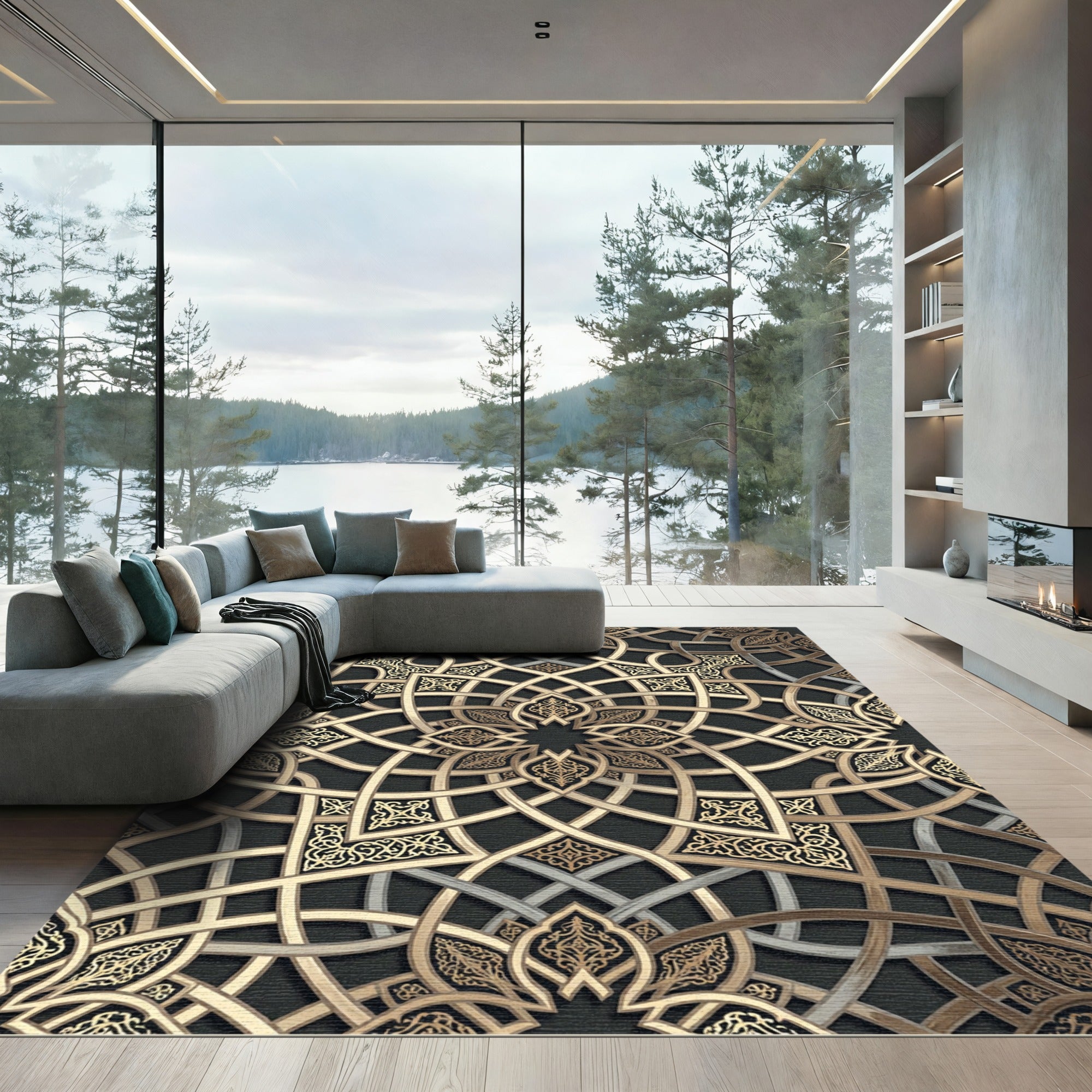 Elegant Gold Interlocking Geometric Lattice Rug