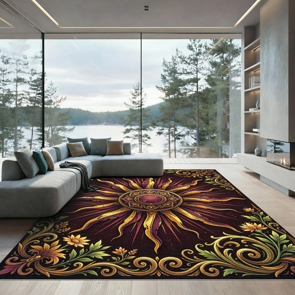 Golden Sunburst Floral Ornate Crimson Area Rug