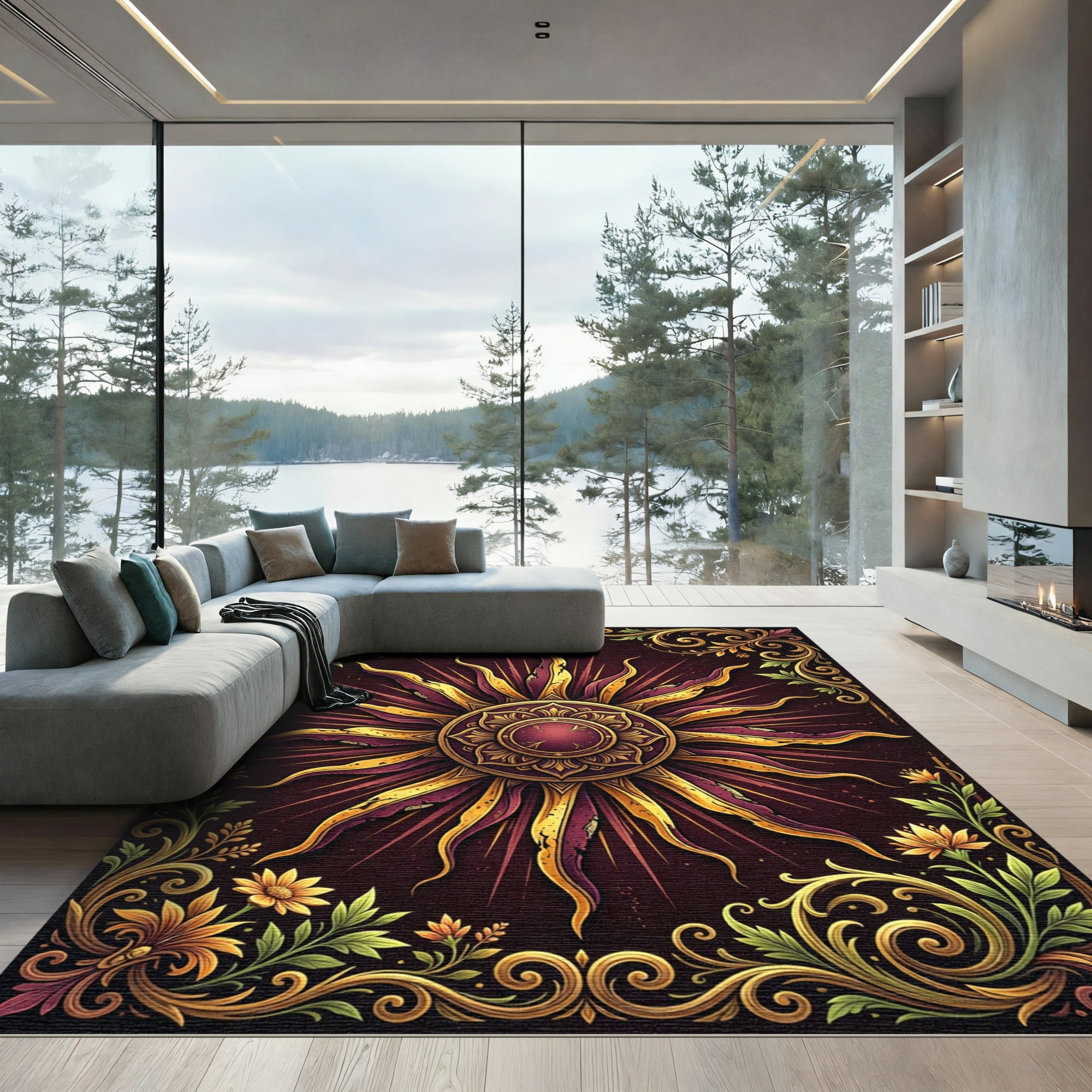 Golden Sunburst Floral Ornate Crimson Area Rug