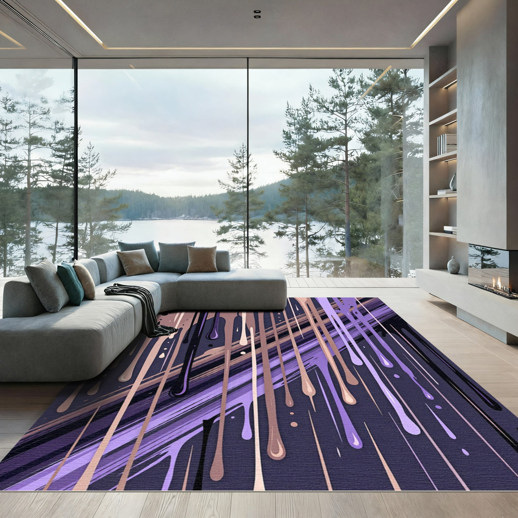 Abstract Drip Paint Purple Ink Streak Rug