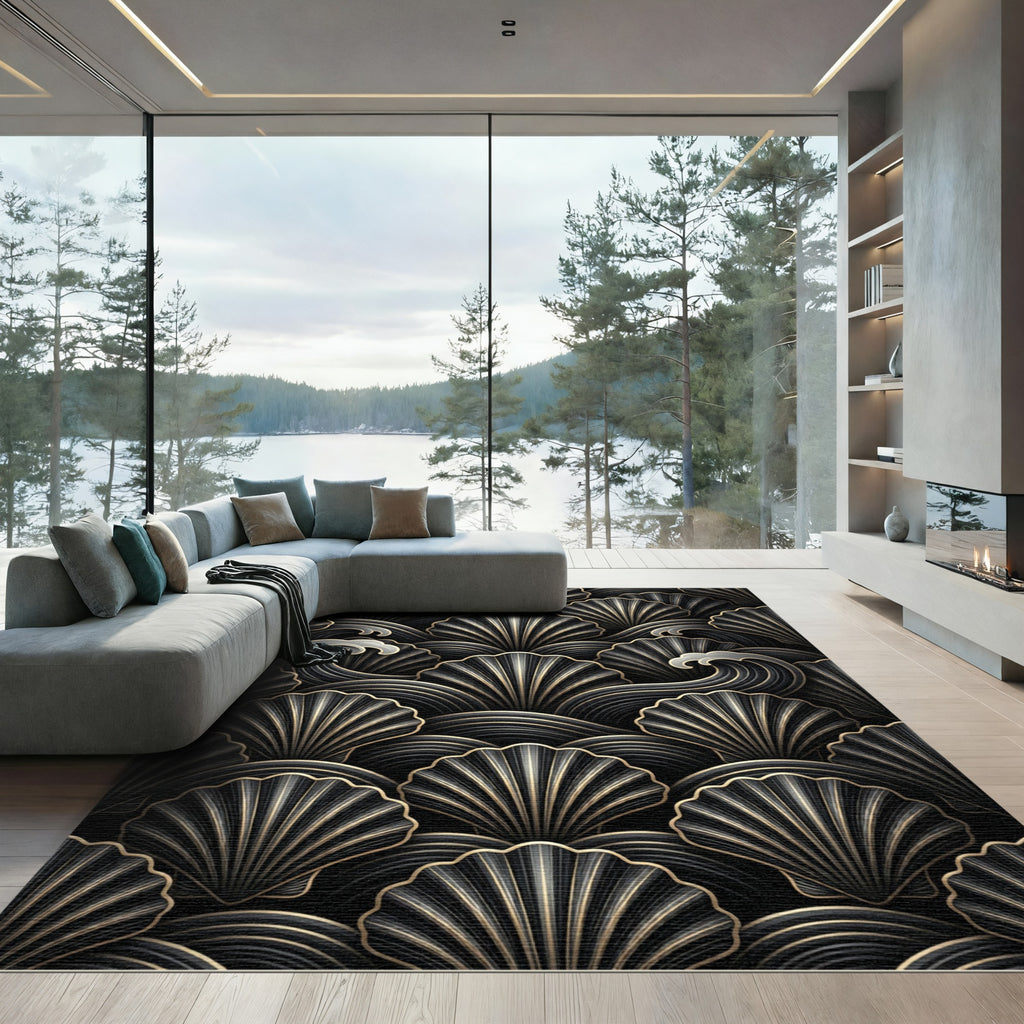 Dark Scallop Wave Art Deco Rug