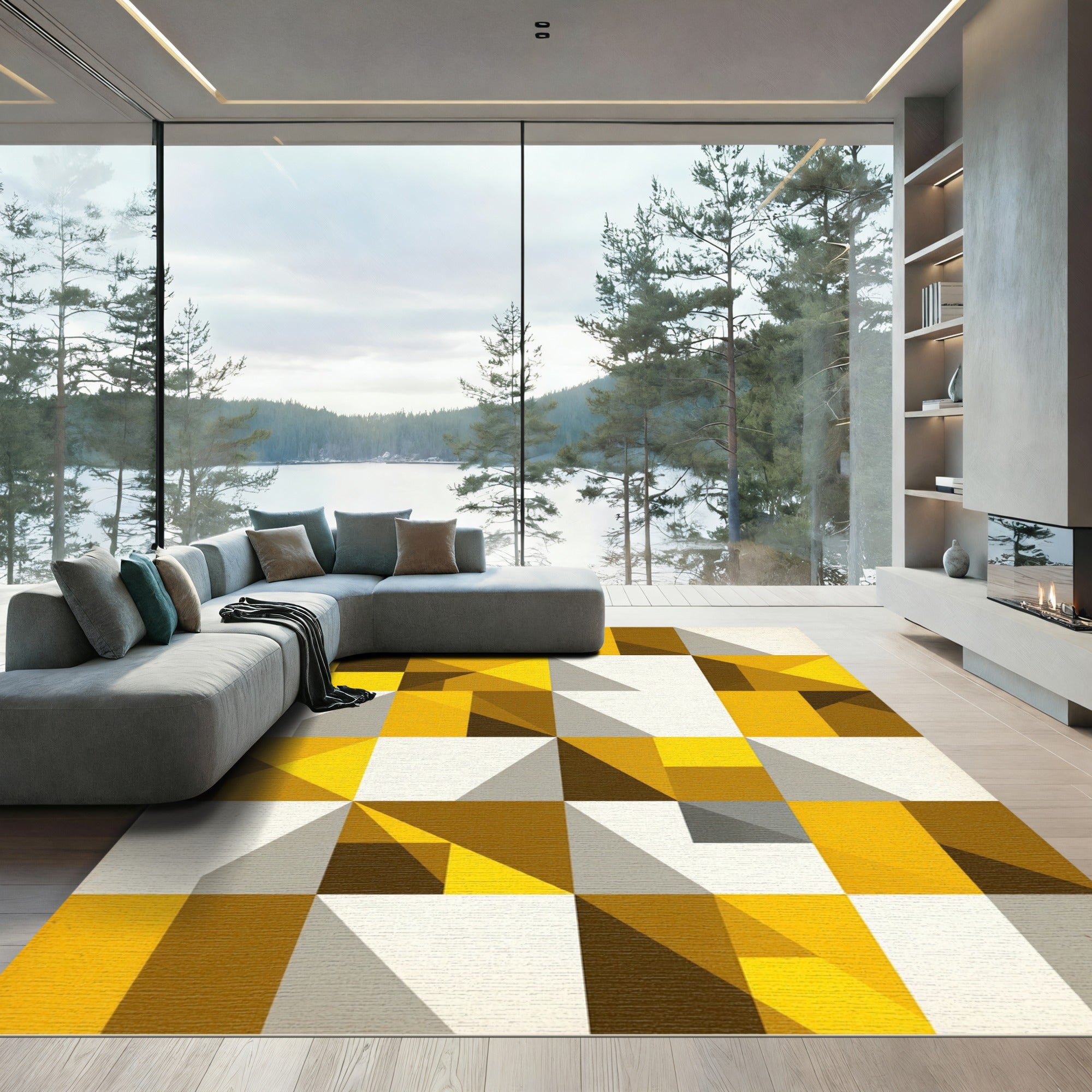 Golden Yellow Geometric Abstract Composition Rug