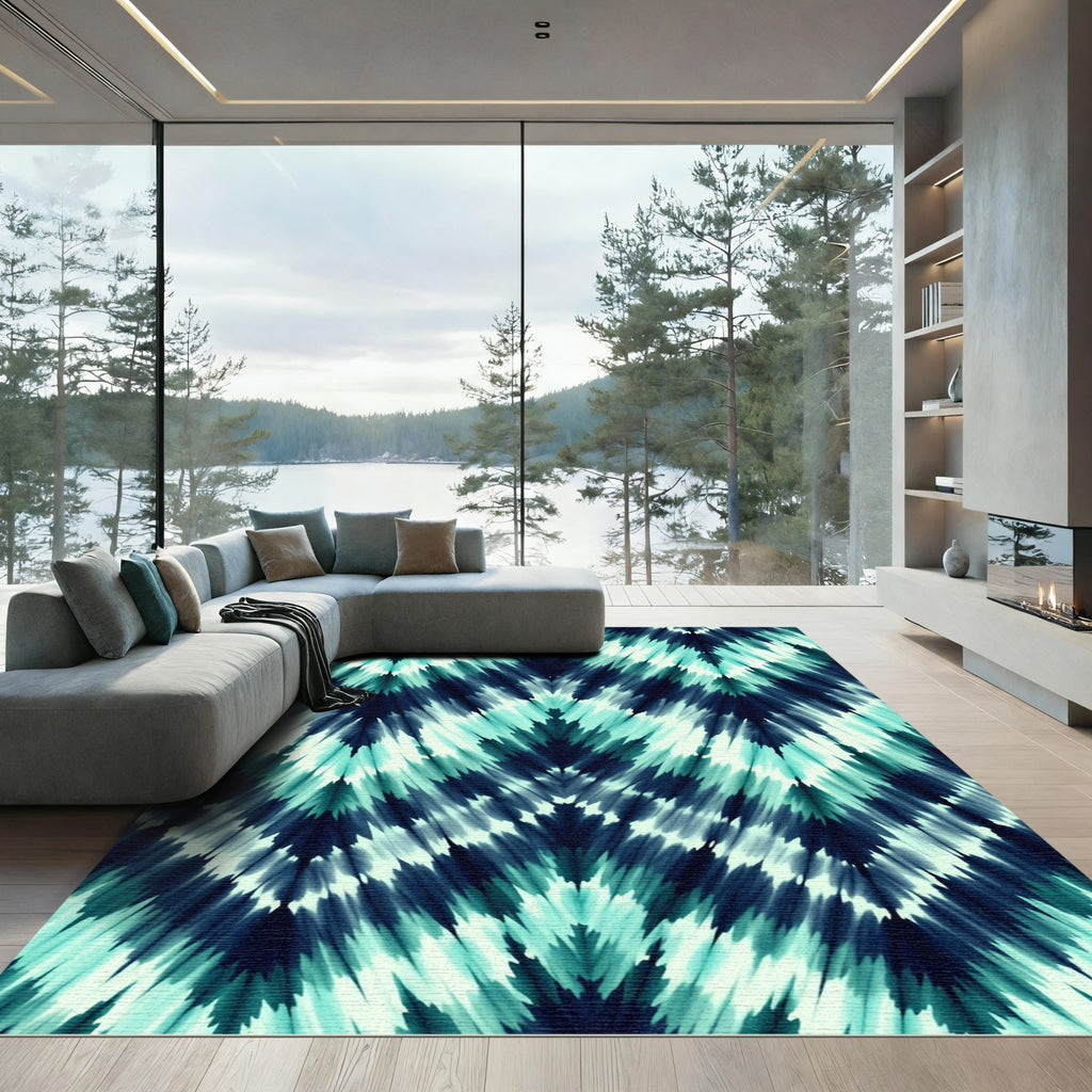 Teal Indigo Chevron Ikat Ripple Rug