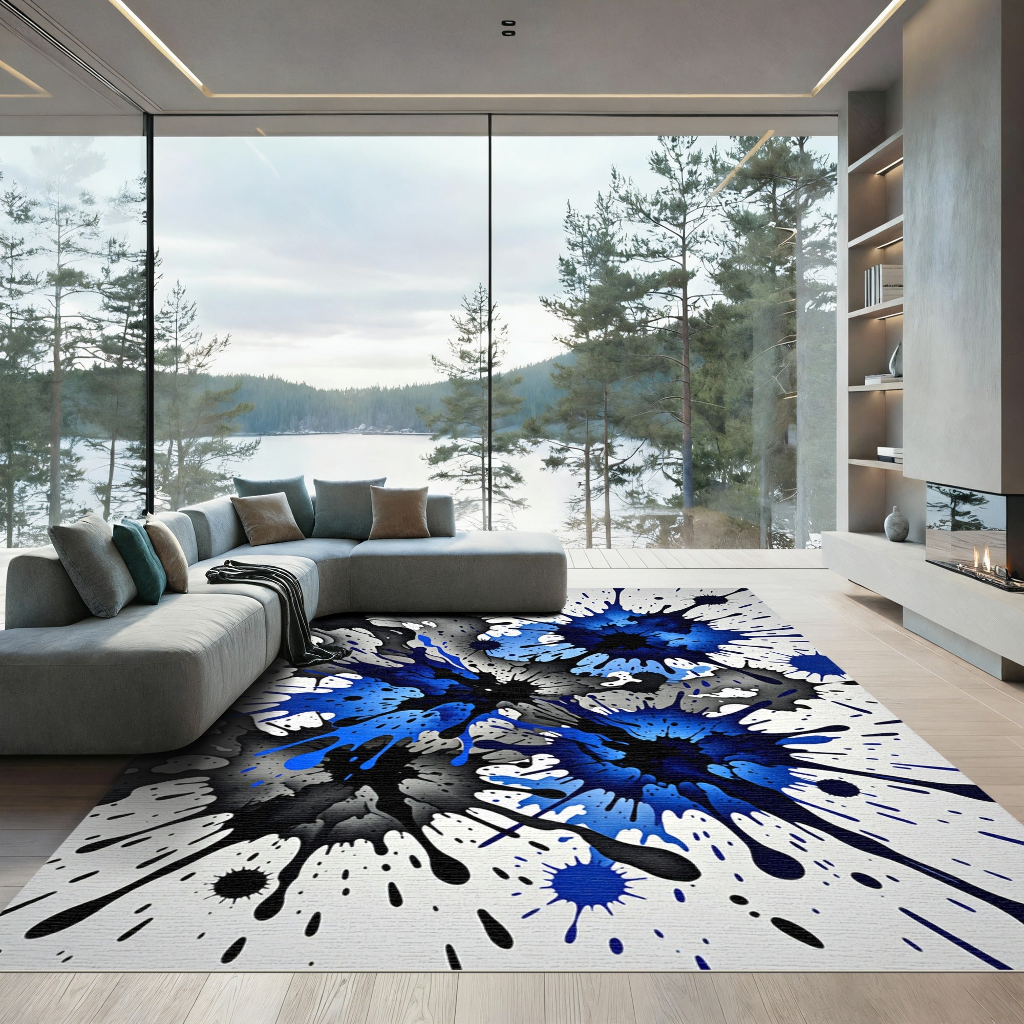 Abstract Splatter Blue Black Ink Explosion Rug