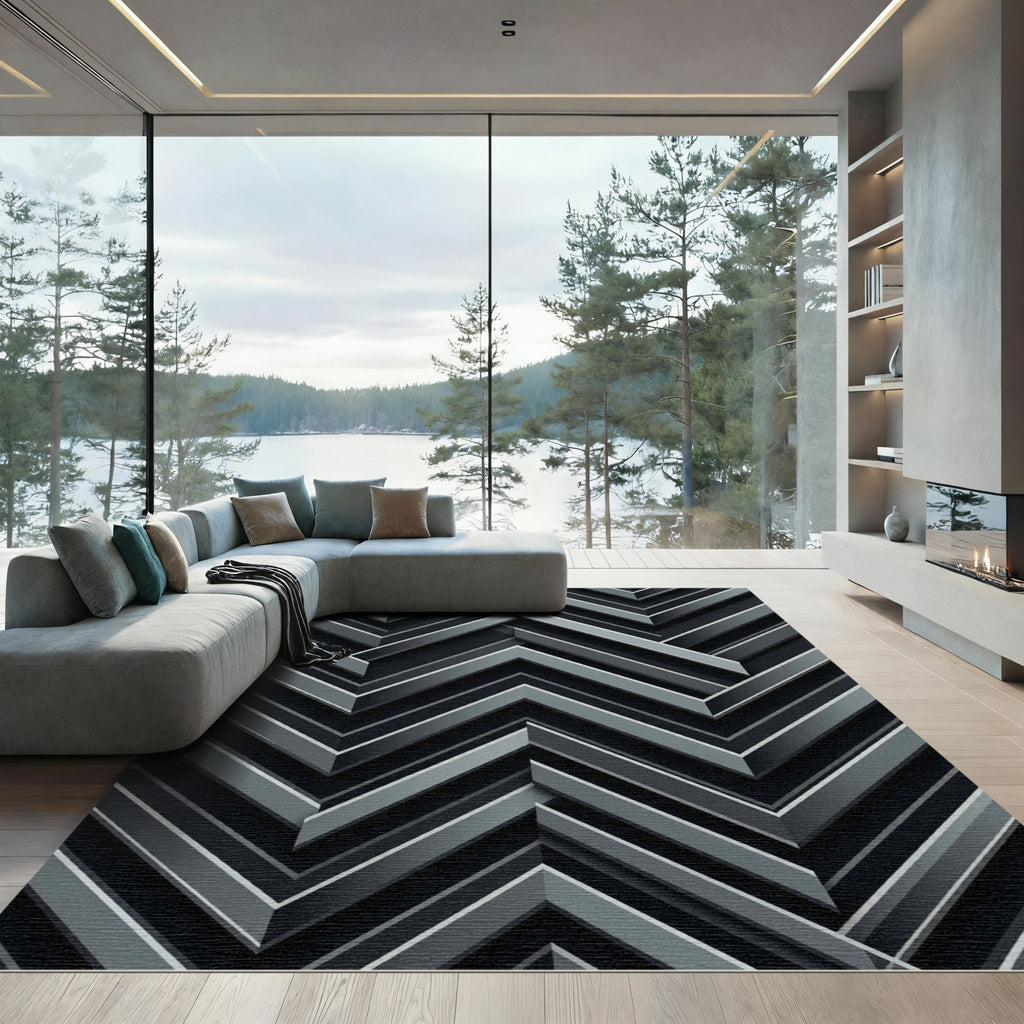 Modern Monochrome Chevron Metallic Stripe Rug