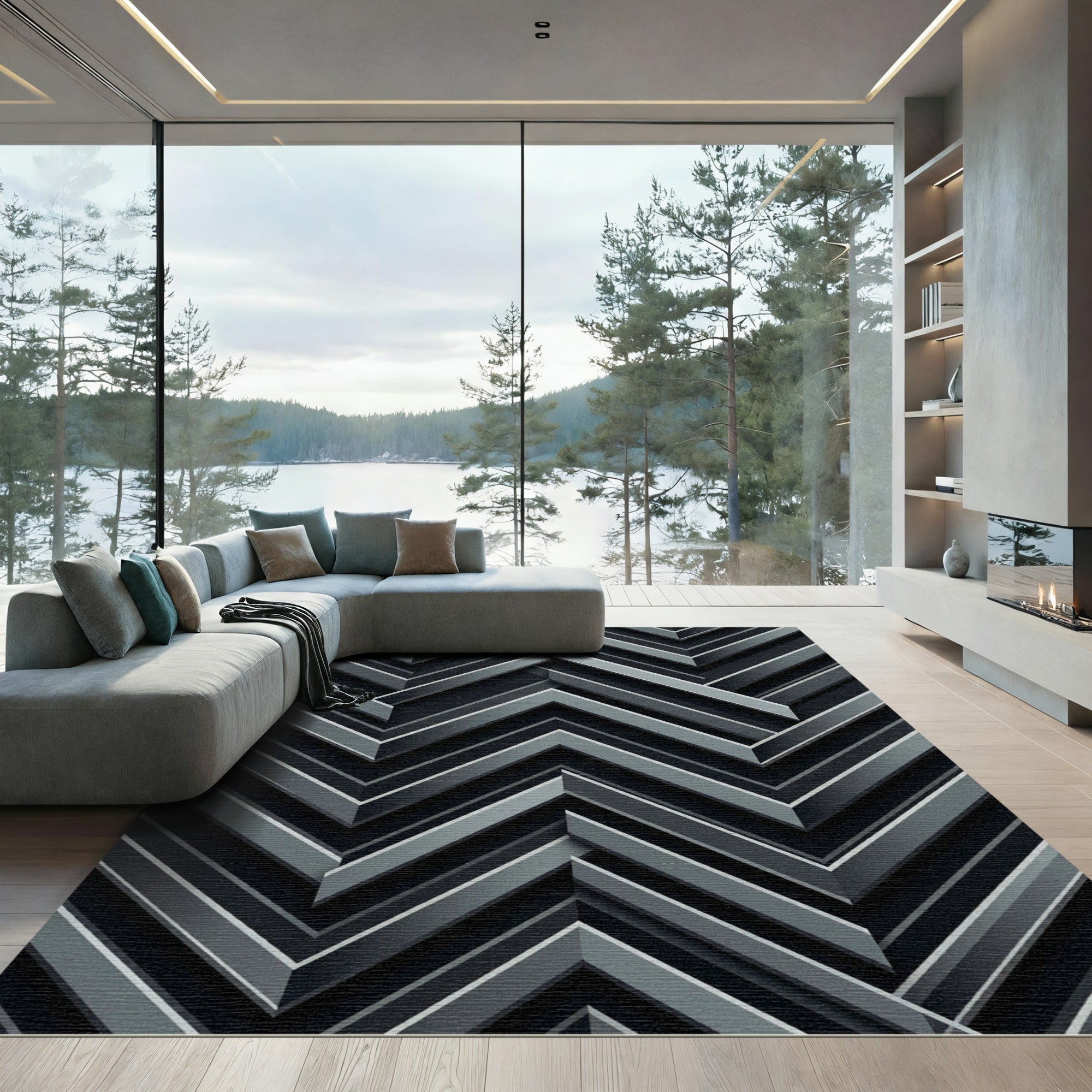 Modern Monochrome Chevron Metallic Stripe Rug