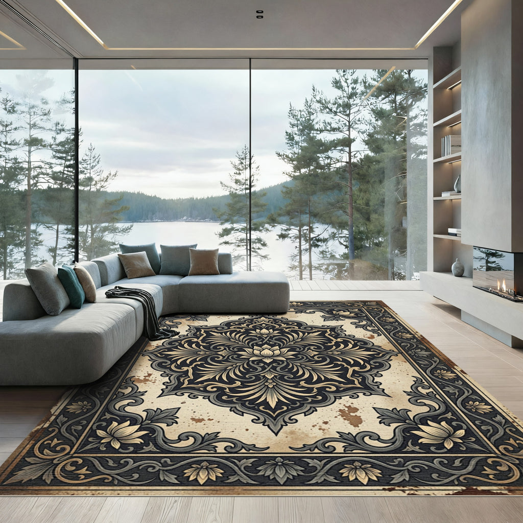 Ornate Cream and Charcoal Floral Medallion Rug
