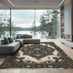 Ornate Cream and Charcoal Floral Medallion Rug