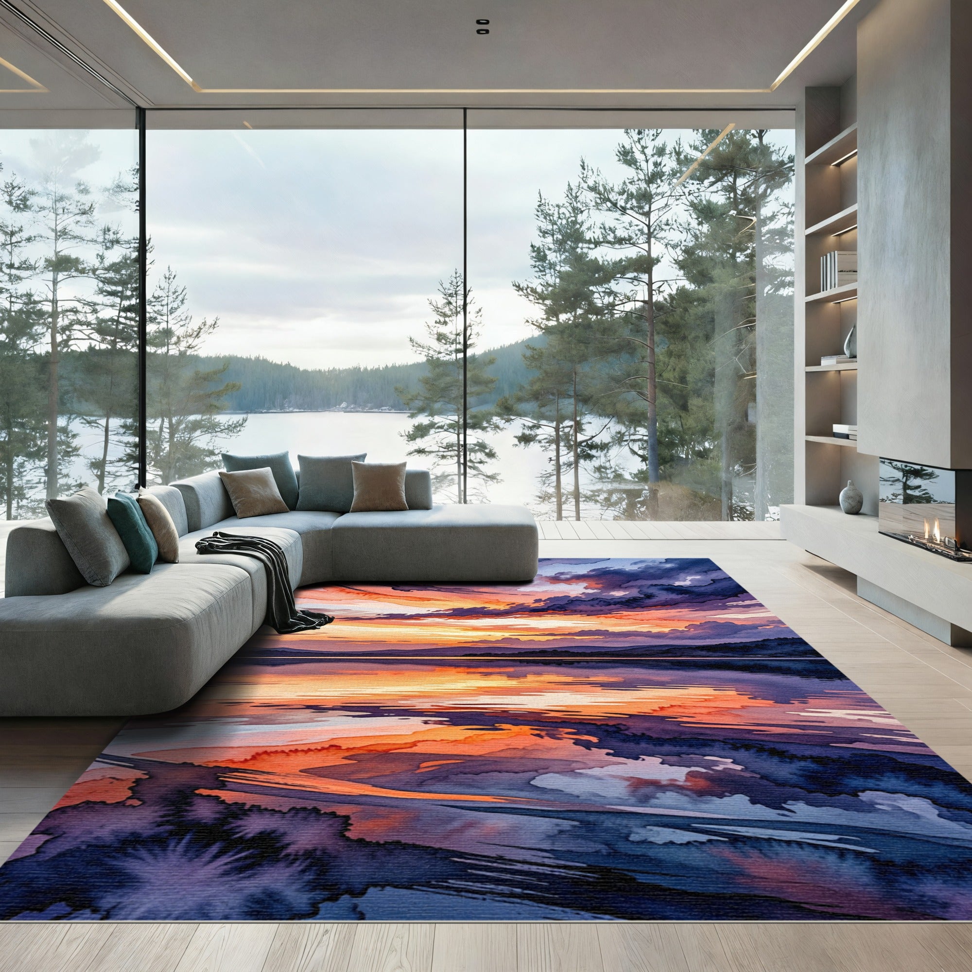 Abstract Sunset Horizon Watercolor Landscape Rug