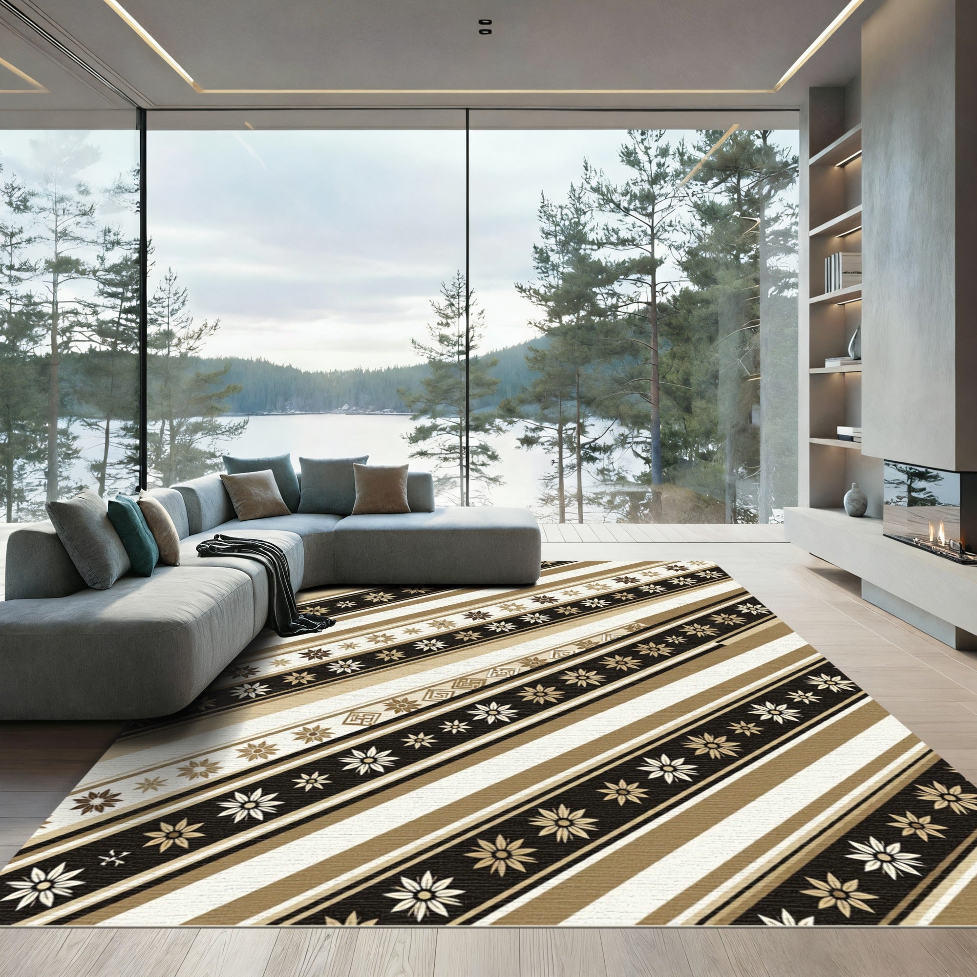 Gold Floral Stripes Geometric Band Rug