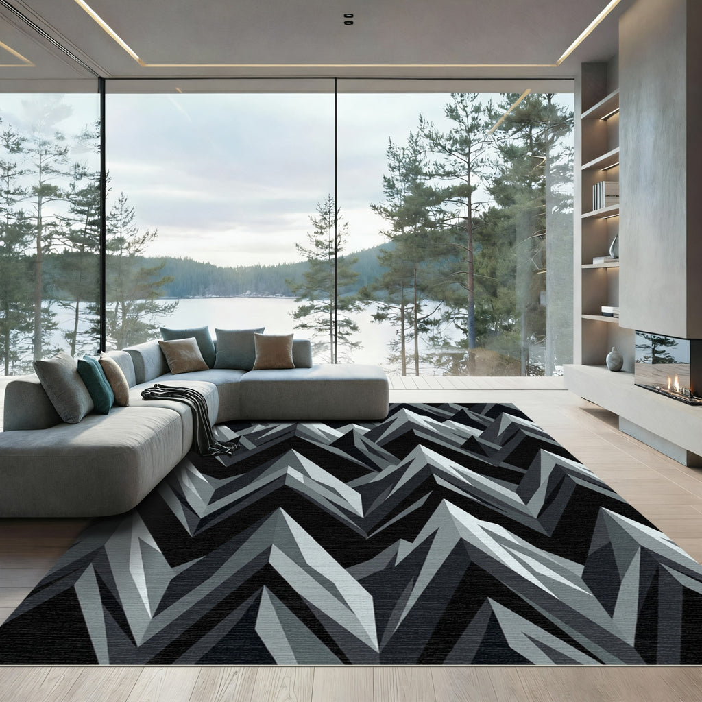 Monochromatic Mountain Peaks Jagged Overlay Rug